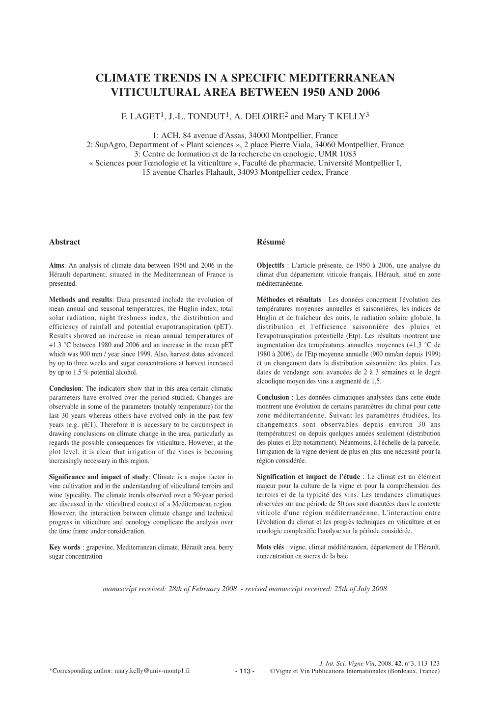 Climate Trends in a Specific Mediterranean Viticultural Area Between 1950 and 2006