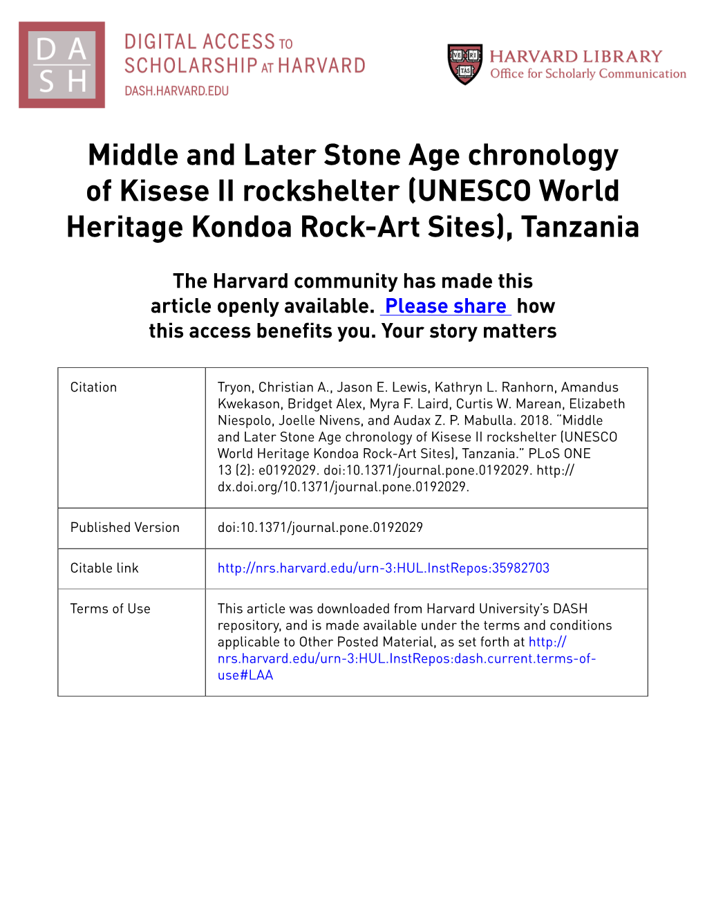 Middle and Later Stone Age Chronology of Kisese II Rockshelter (UNESCO World Heritage Kondoa Rock-Art Sites), Tanzania