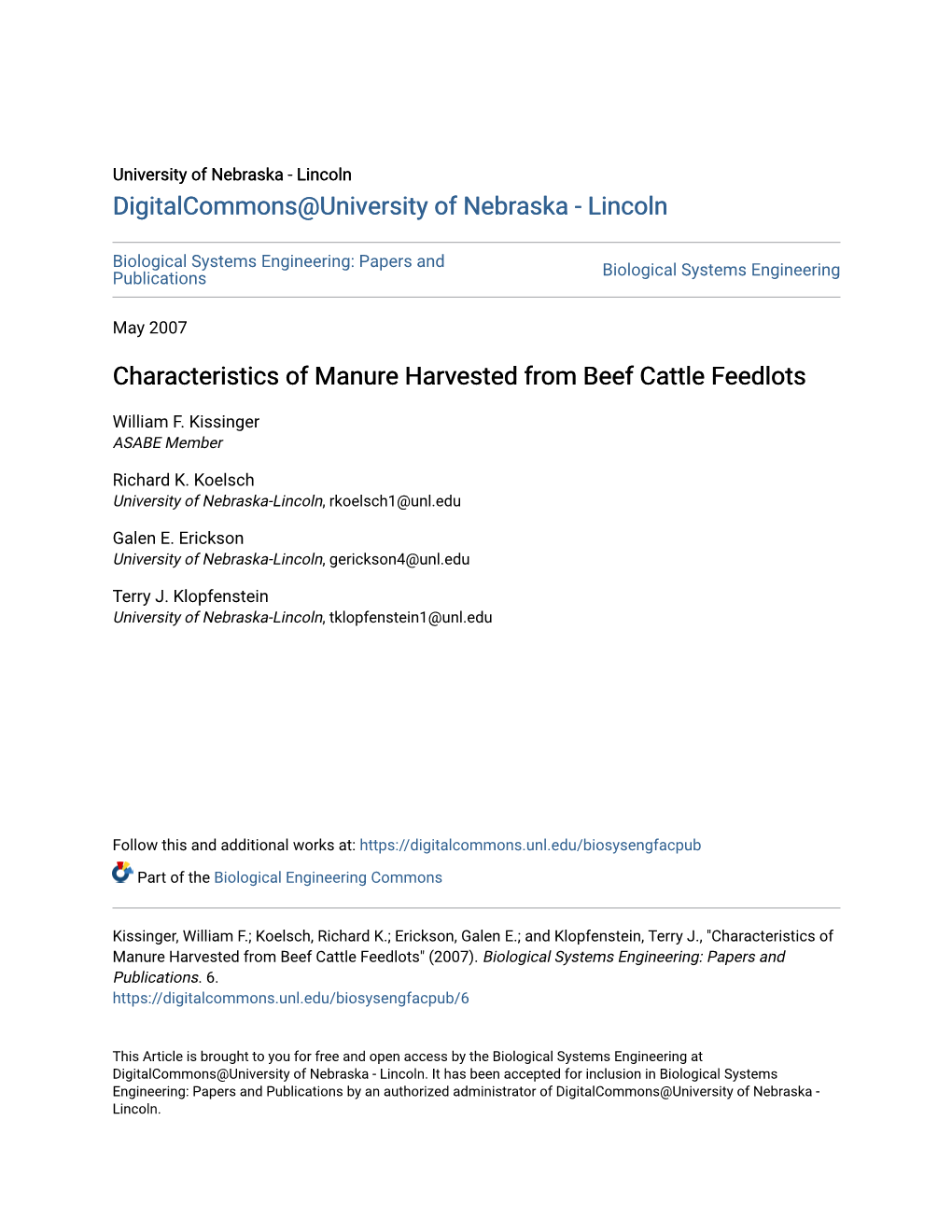 Characteristics of Manure Harvested from Beef Cattle Feedlots