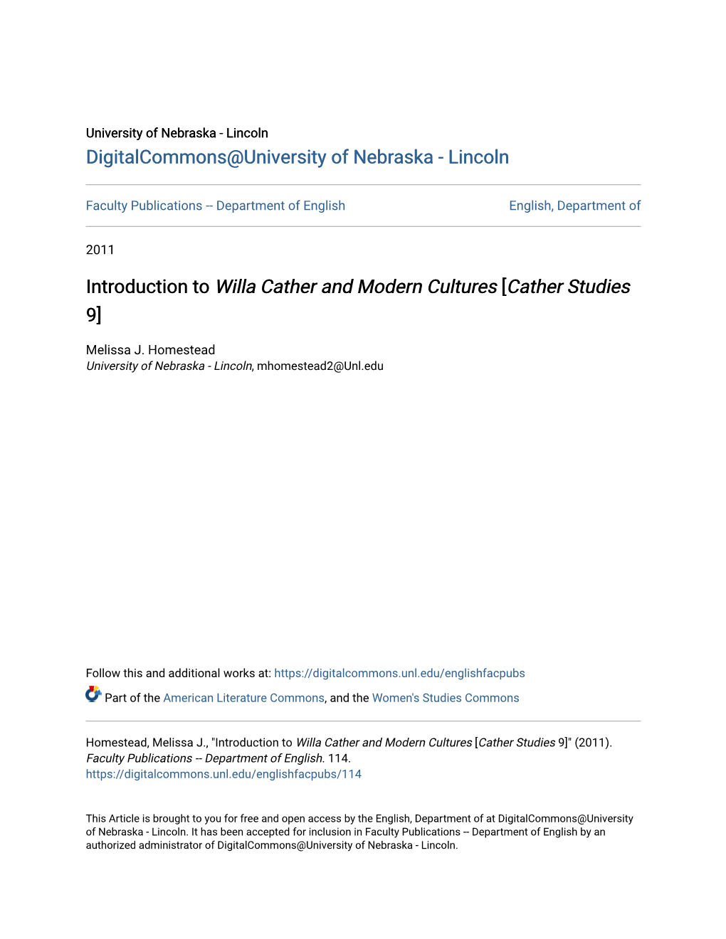 Introduction to Willa Cather and Modern Cultures [Cather Studies 9]