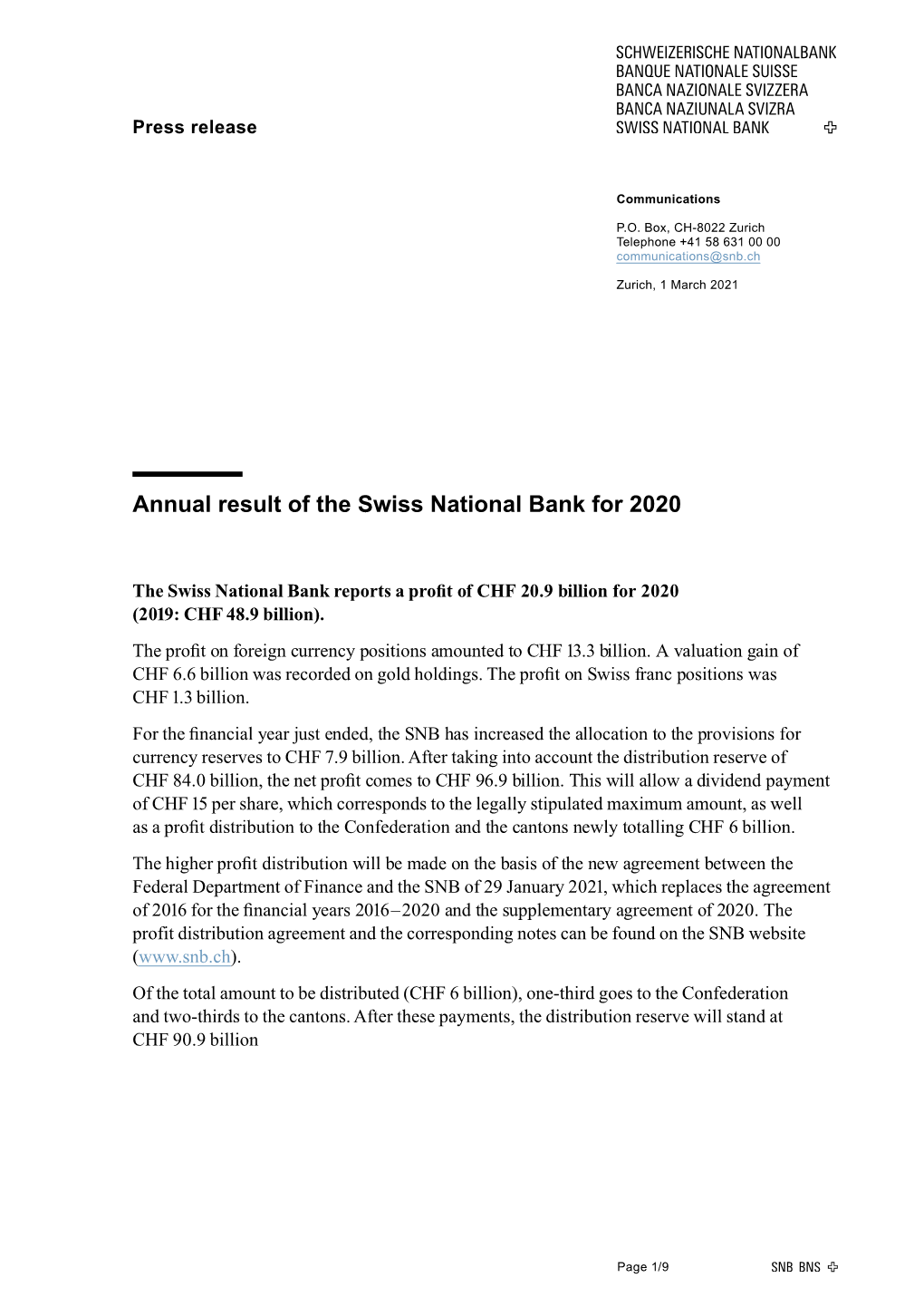 PDF Annual Result of the Swiss National Bank for 2020