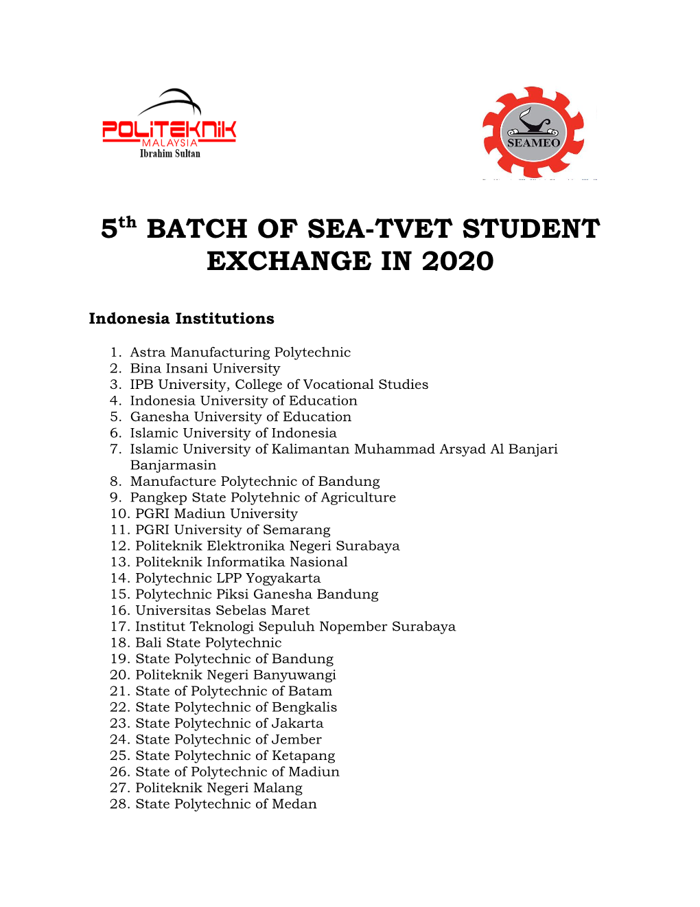 5Th BATCH of SEA-TVET STUDENT EXCHANGE in 2020