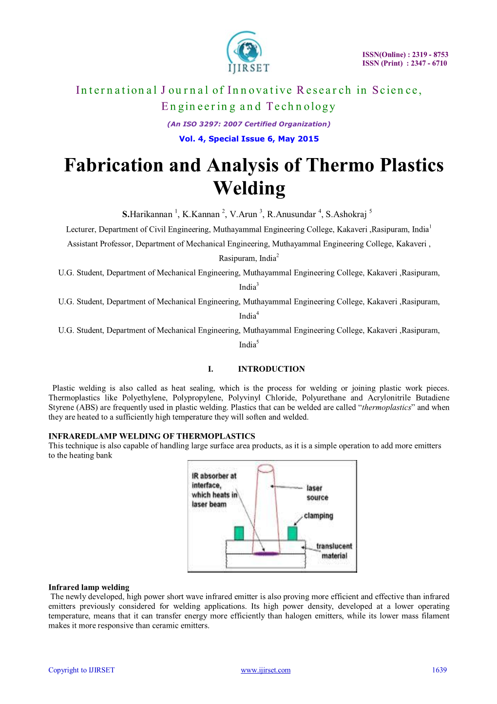 Fabrication and Analysis of Thermo Plastics Welding