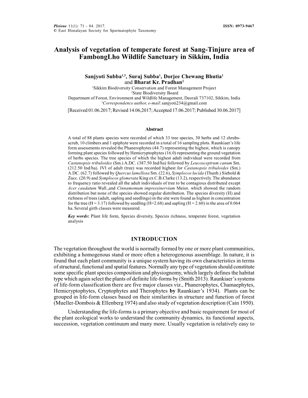 Analysis of Vegetation of Temperate Forest at Sang-Tinjure Area of Fambonglho Wildlife Sanctuary in Sikkim, India