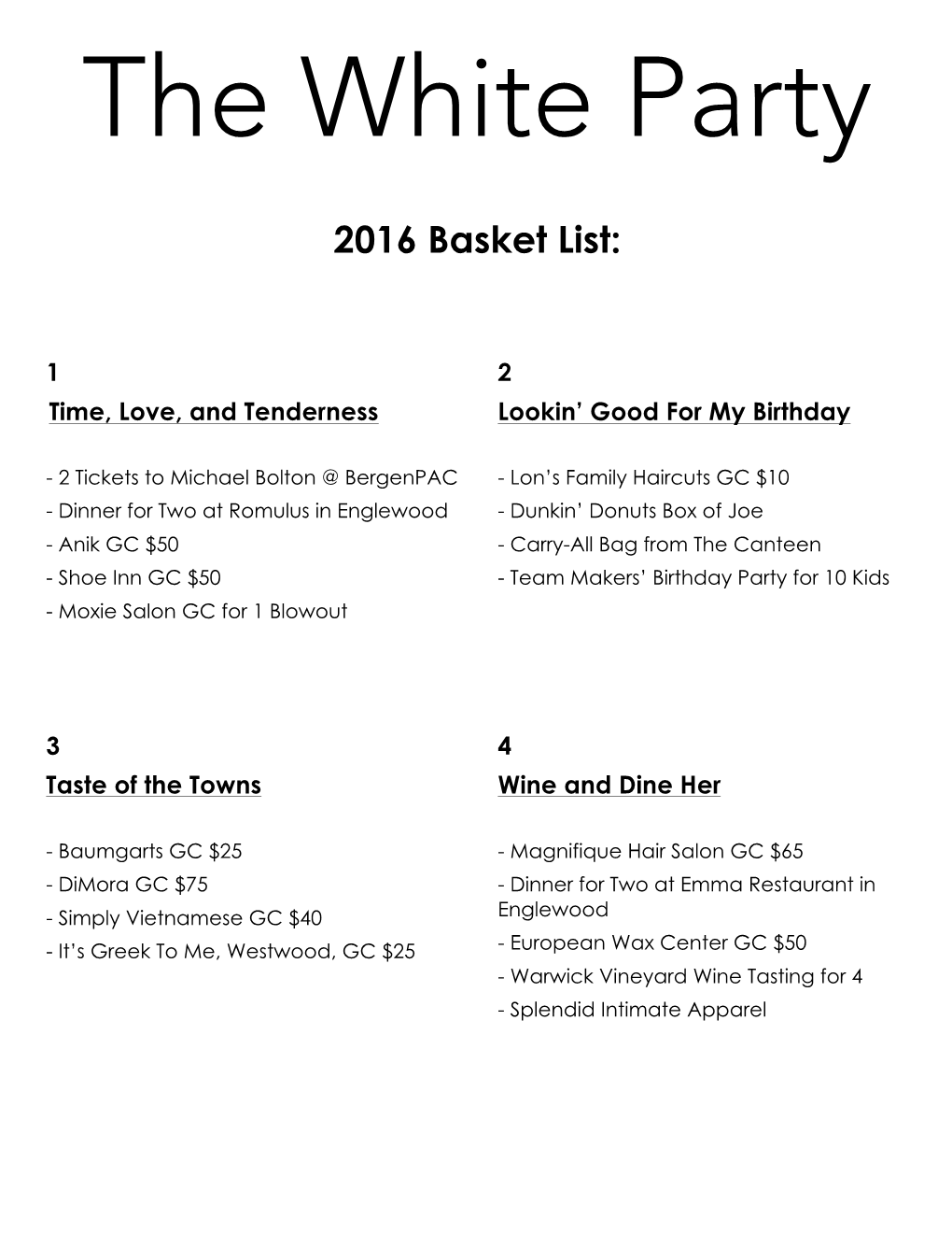 2016 the White Party Basket List for Print