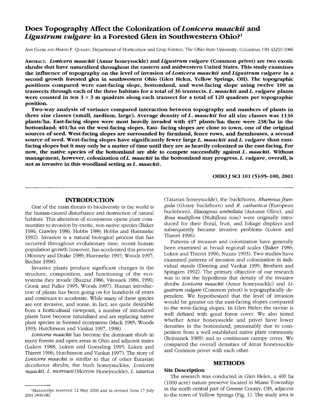 Does Topography Affect the Colonization of Lonicera Maackii and Ligustrum Vulgare in a Forested Glen in Southwestern Ohio?1