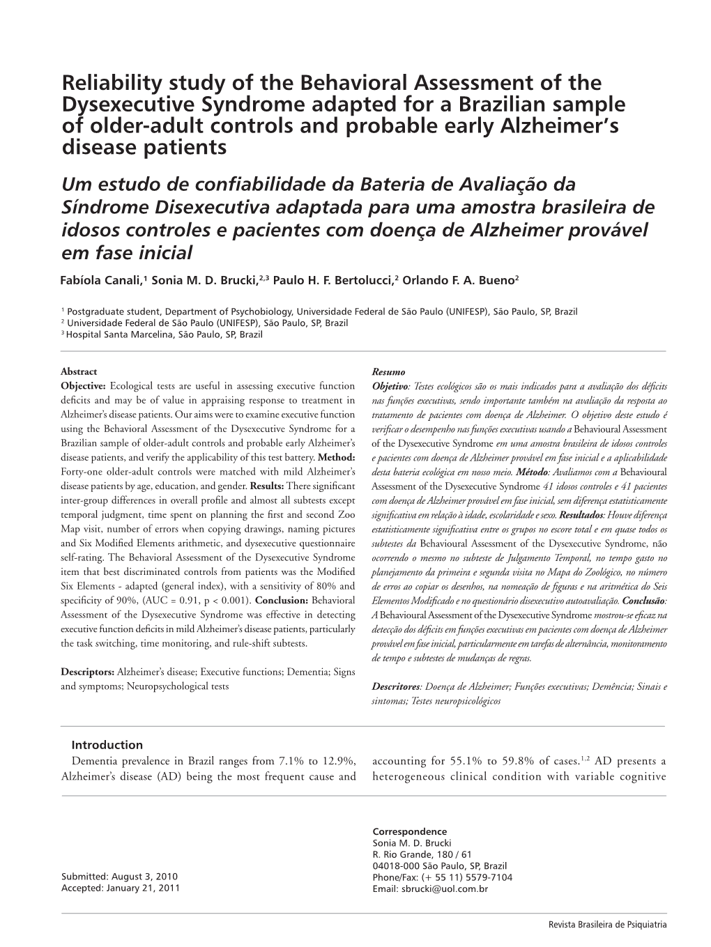 Reliability Study of the Behavioral Assessment of the Dysexecutive