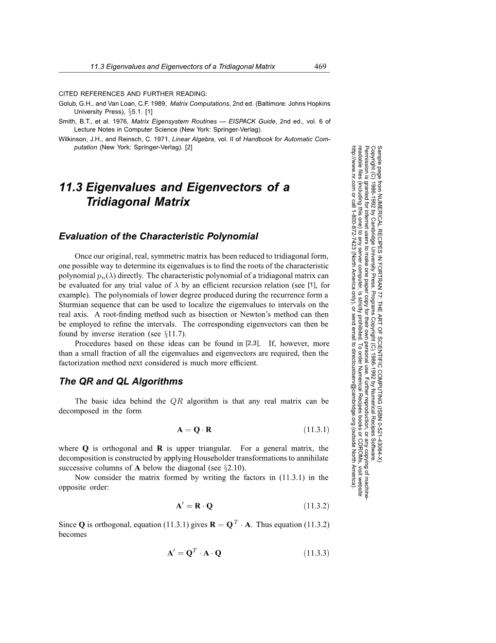 11.3 Eigenvalues and Eigenvectors of a Tridiagonal Matrix 469