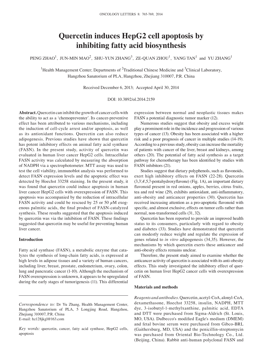 Quercetin Induces Hepg2 Cell Apoptosis by Inhibiting Fatty Acid Biosynthesis