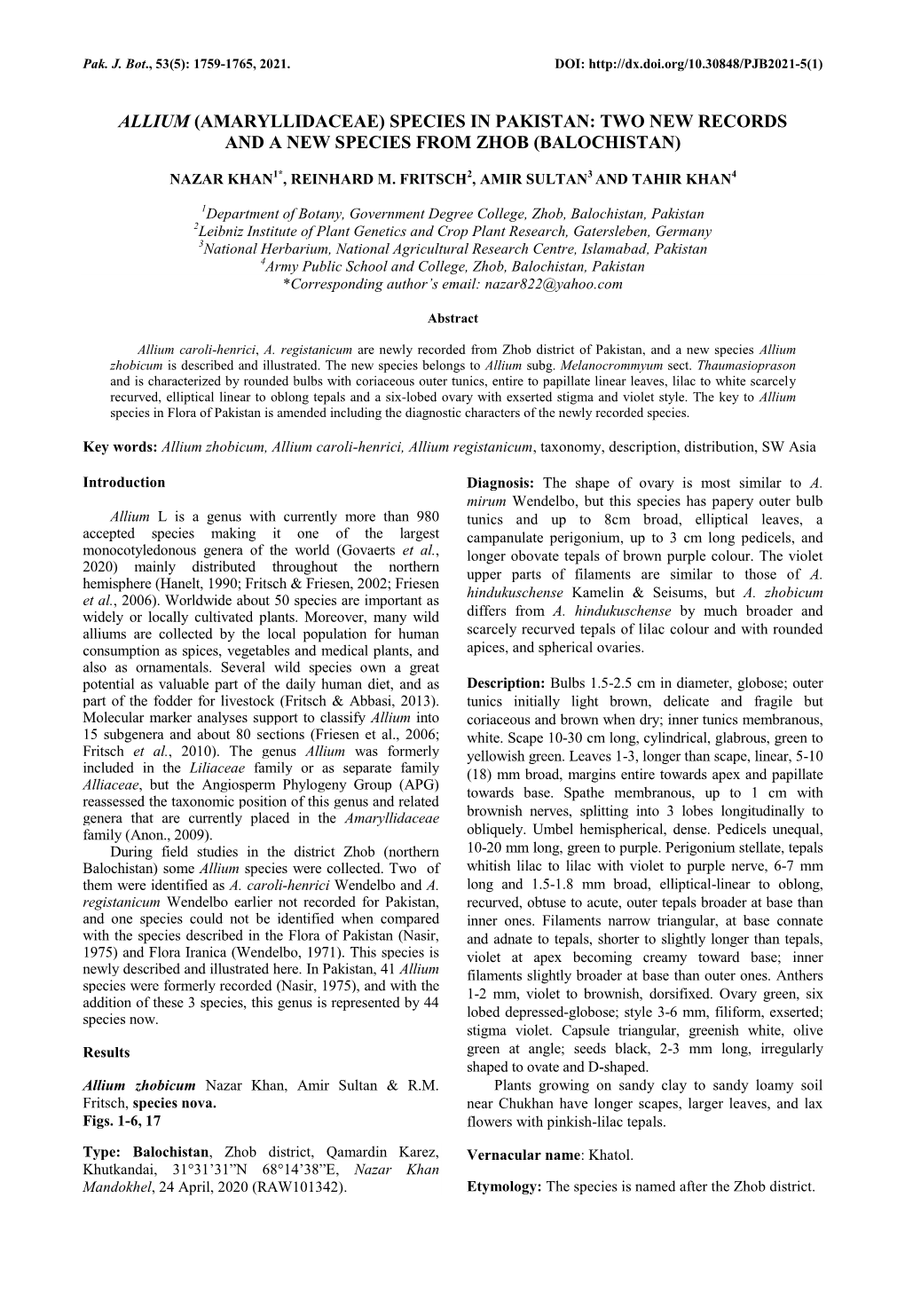 Allium (Amaryllidaceae) Species in Pakistan: Two New Records and a New Species from Zhob (Balochistan)