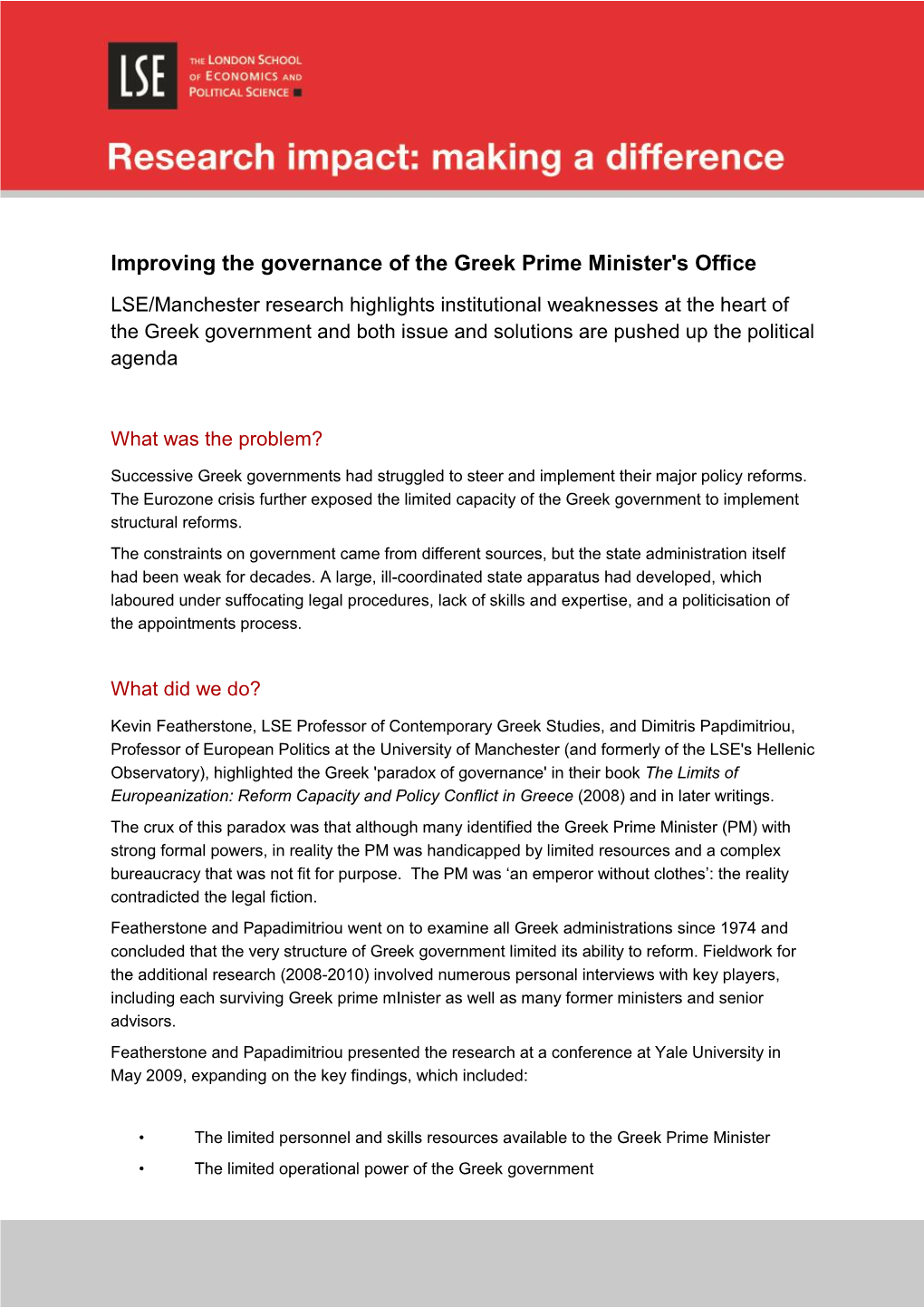 Improving the Governance of the Greek Prime Minister's Office