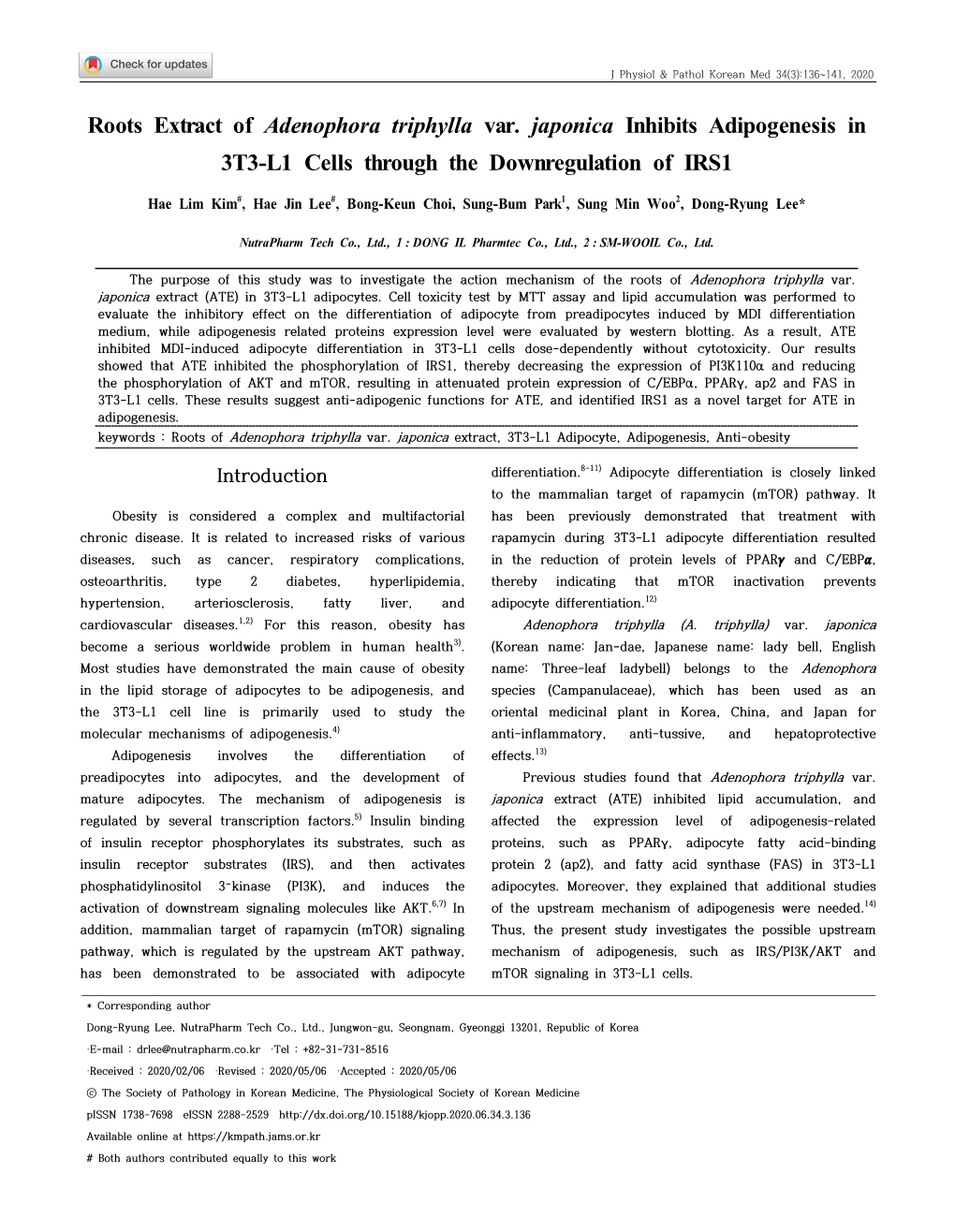 Roots Extract of Adenophora Triphylla Var. Japonica Inhibits Adipogenesis in 3T3-L1 Cells Through the Downregulation of IRS1