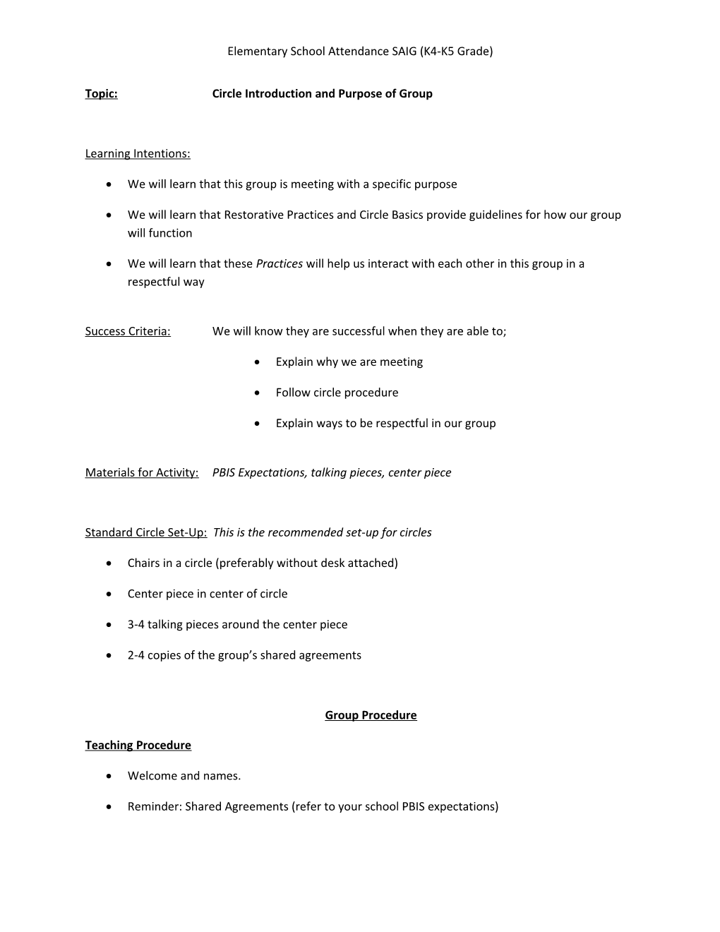 Topic: Circle Introduction and Purpose of Group