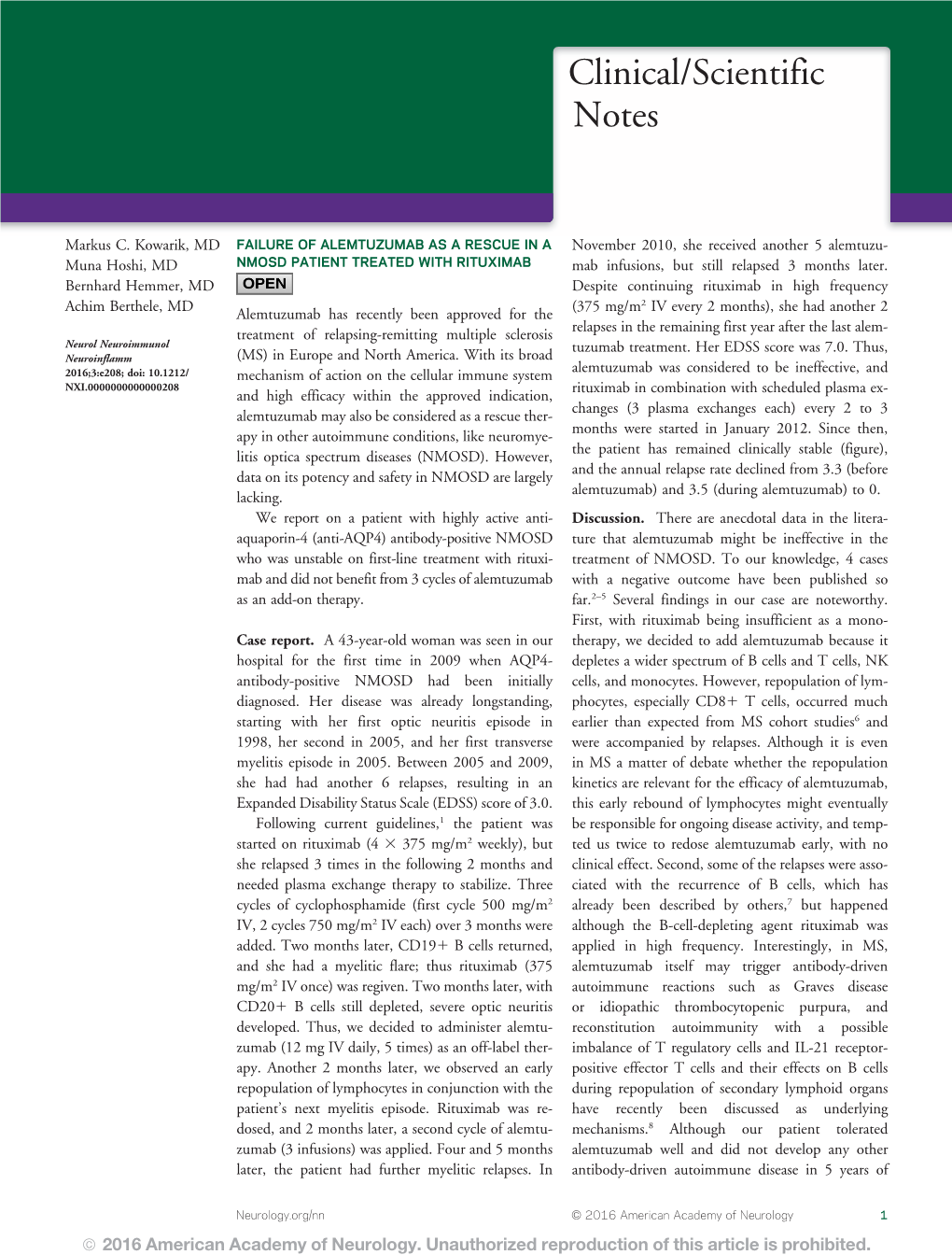 Failure of Alemtuzumab As a Rescue in a NMOSD Patient Treated with Rituximab Markus C