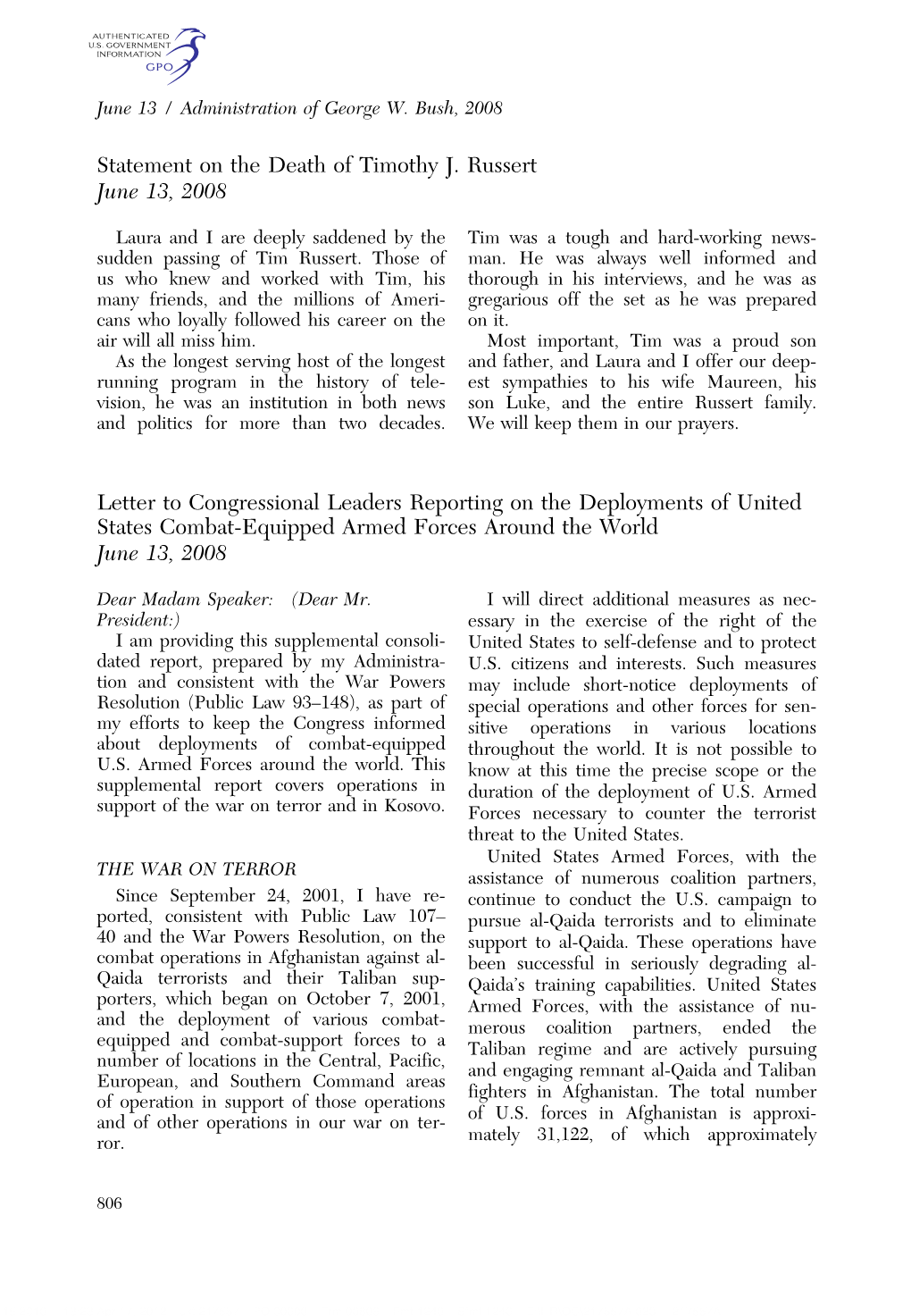 Statement on the Death of Timothy J. Russert June 13, 2008 Letter To