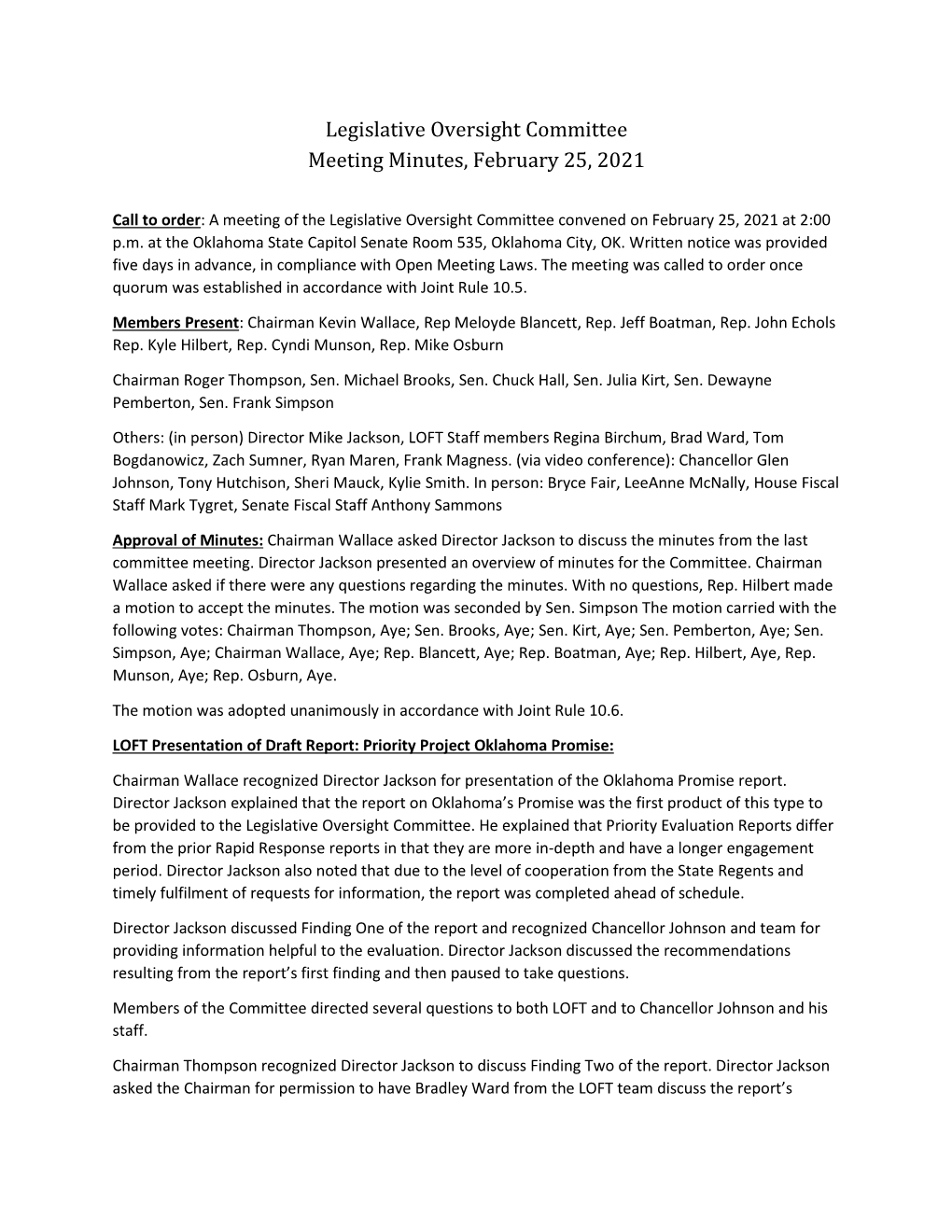 Legislative Oversight Committee Meeting Minutes, February 25, 2021