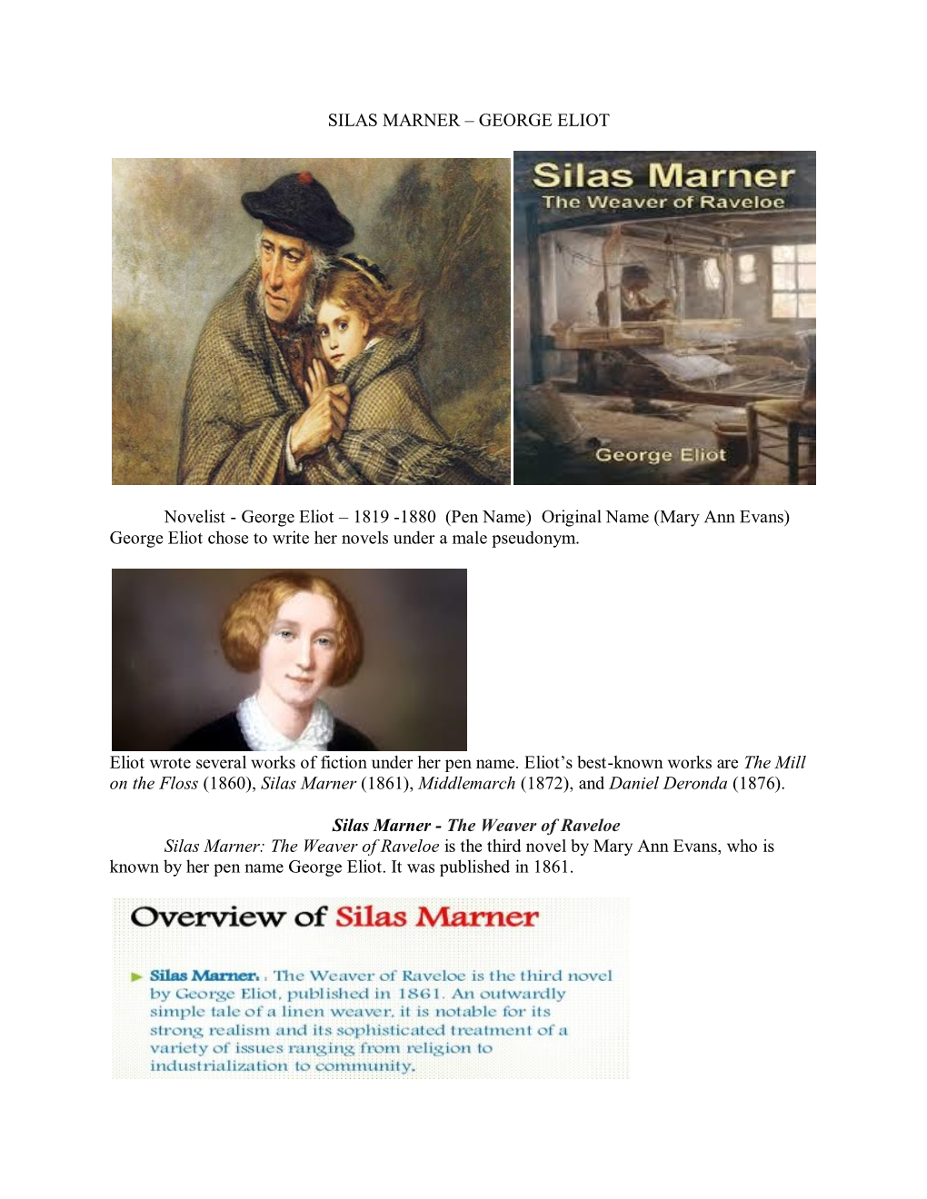 SILAS MARNER – GEORGE ELIOT Novelist