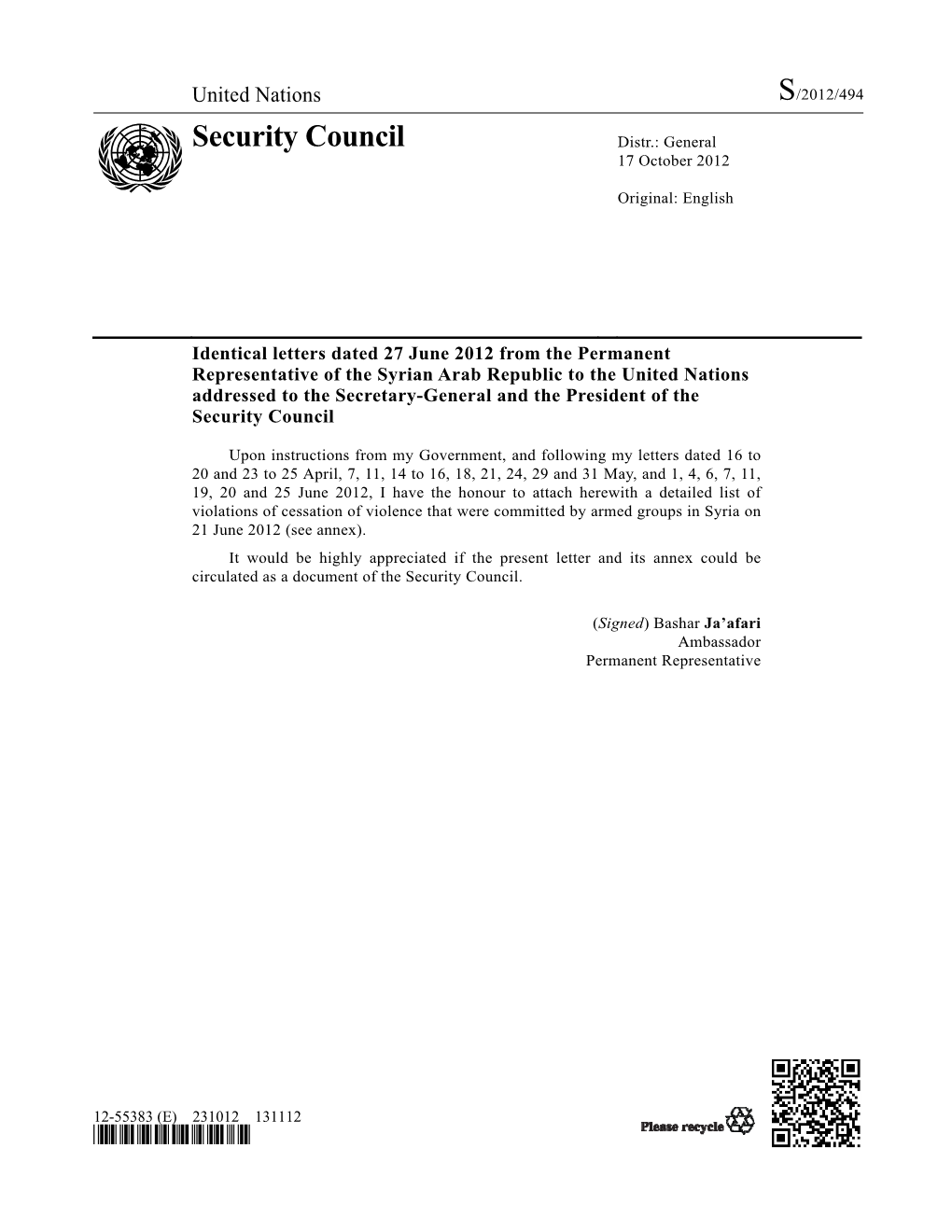 Security Council Distr.: General 17 October 2012