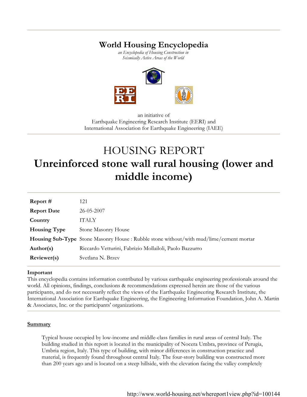 HOUSING REPORT Unreinforced Stone Wall Rural Housing (Lower and Middle Income)