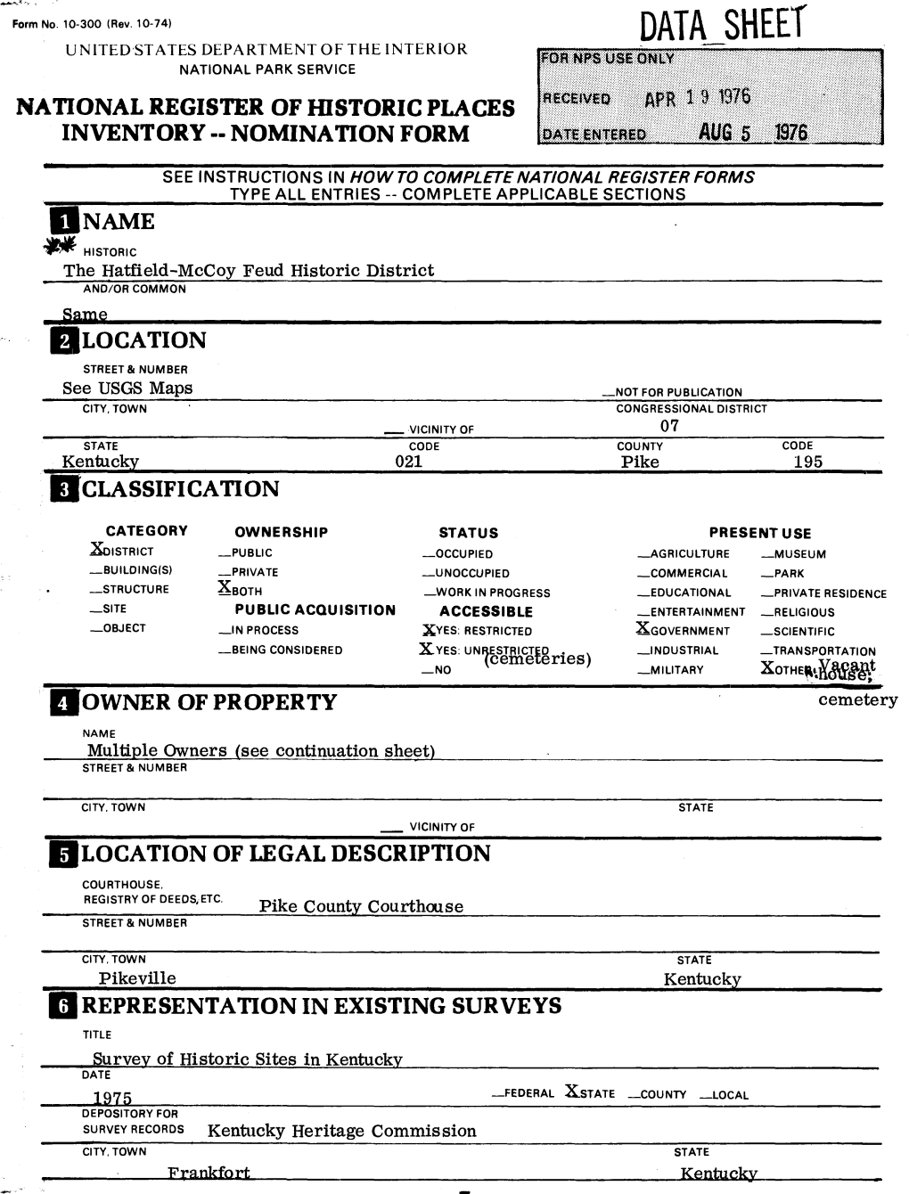 Data Sheet United States Department of the Interior National Park Service National Register of Historic Places Inventory -- Nomination Form