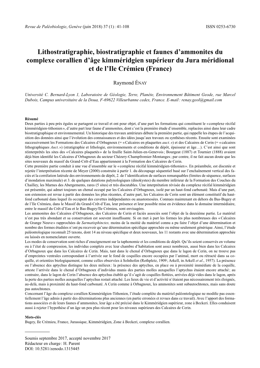 Lithostratigraphie, Biostratigraphie Et Faunes D'ammonites Du Complexe