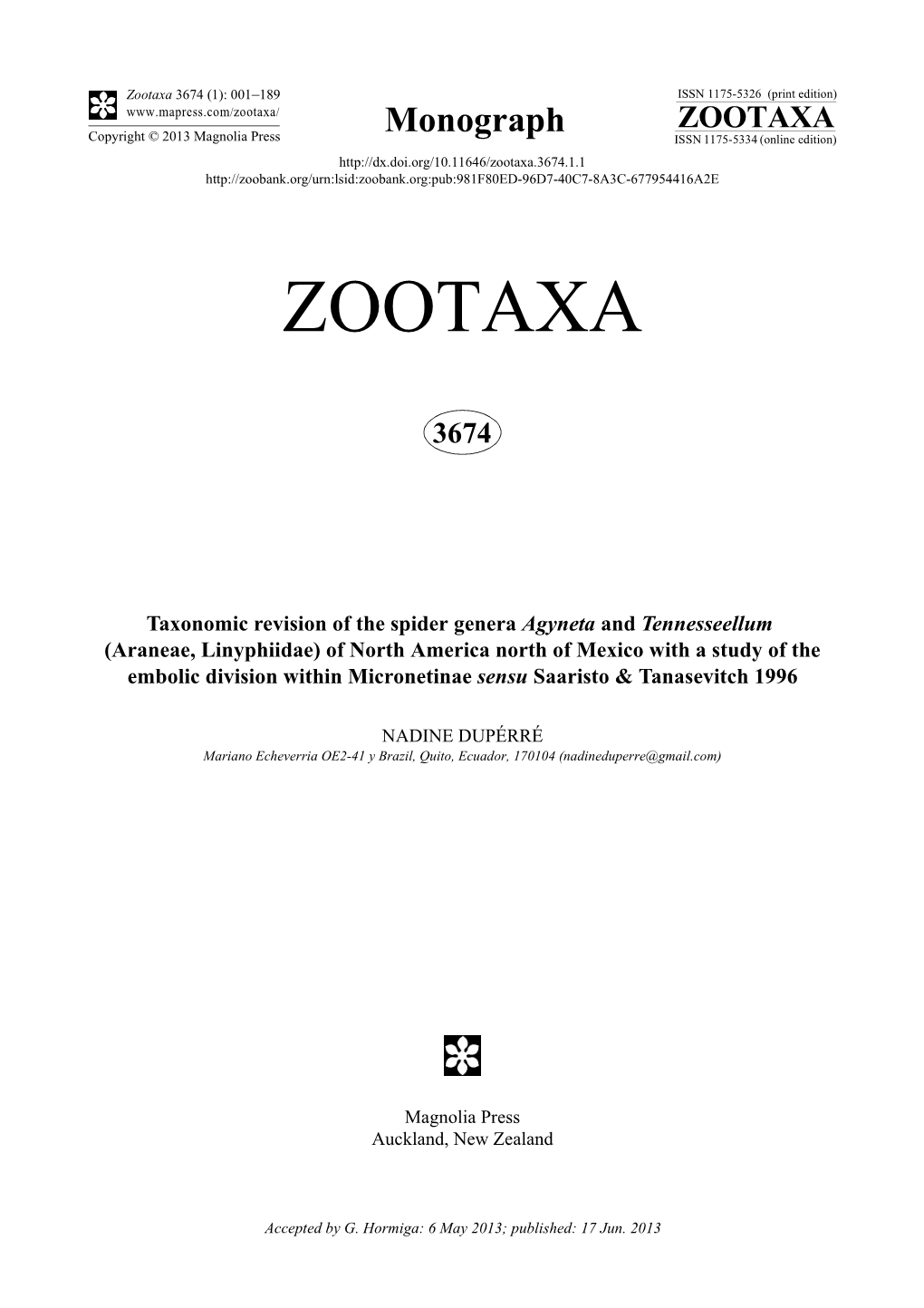 Taxonomic Revision of the Spider Genera Agyneta