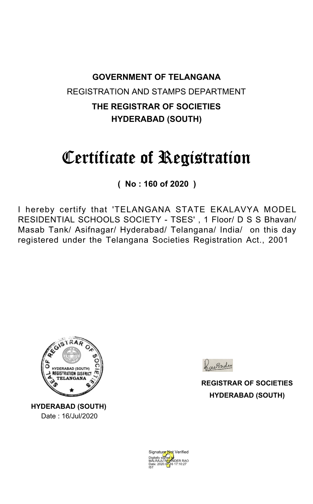 Hyderabad/ Telangana/ India/ on This Day Registered Under the Telangana Societies Registration Act., 2001