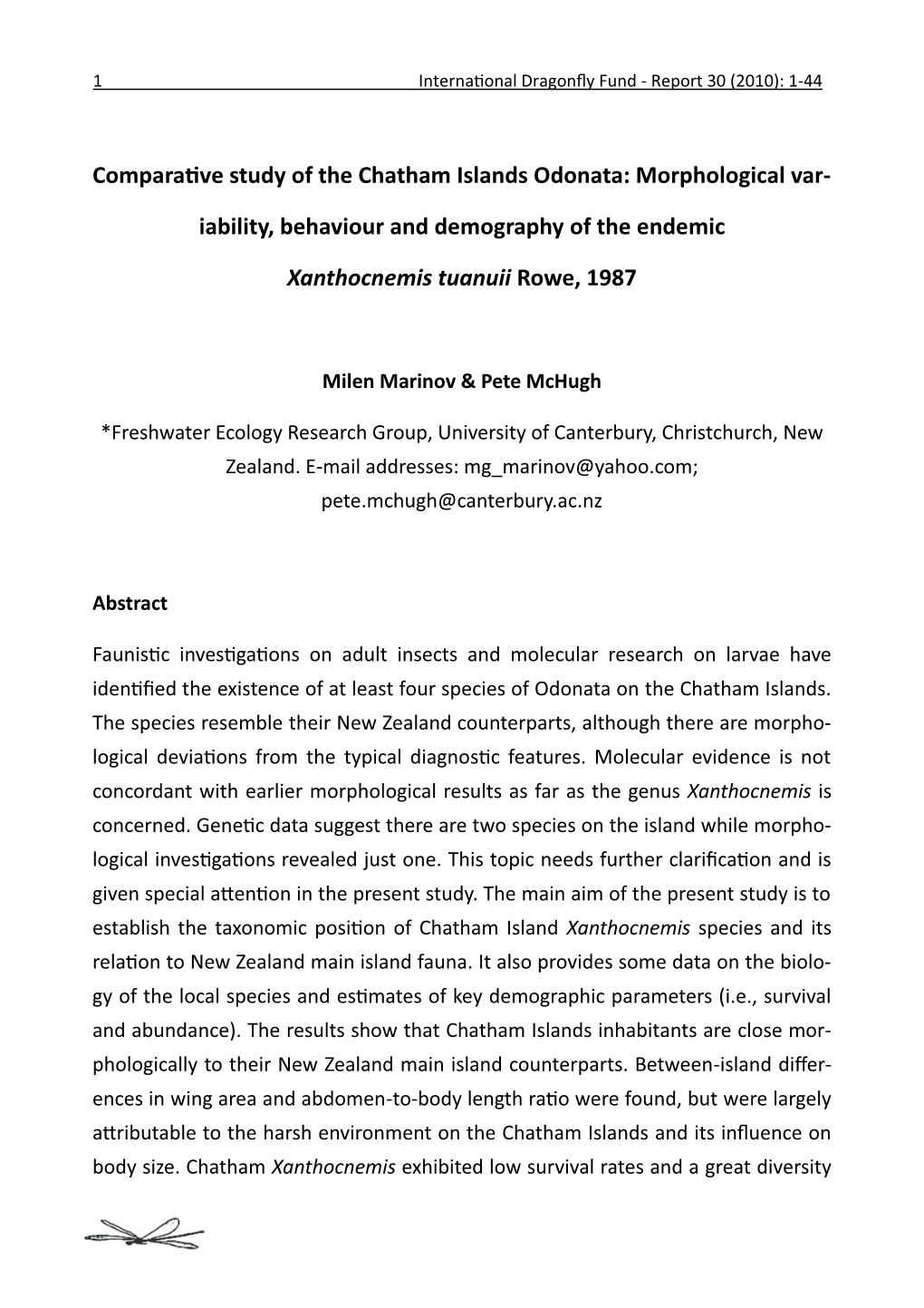 Compara Ve Study of the Chatham Islands Odonata: Morphological Var