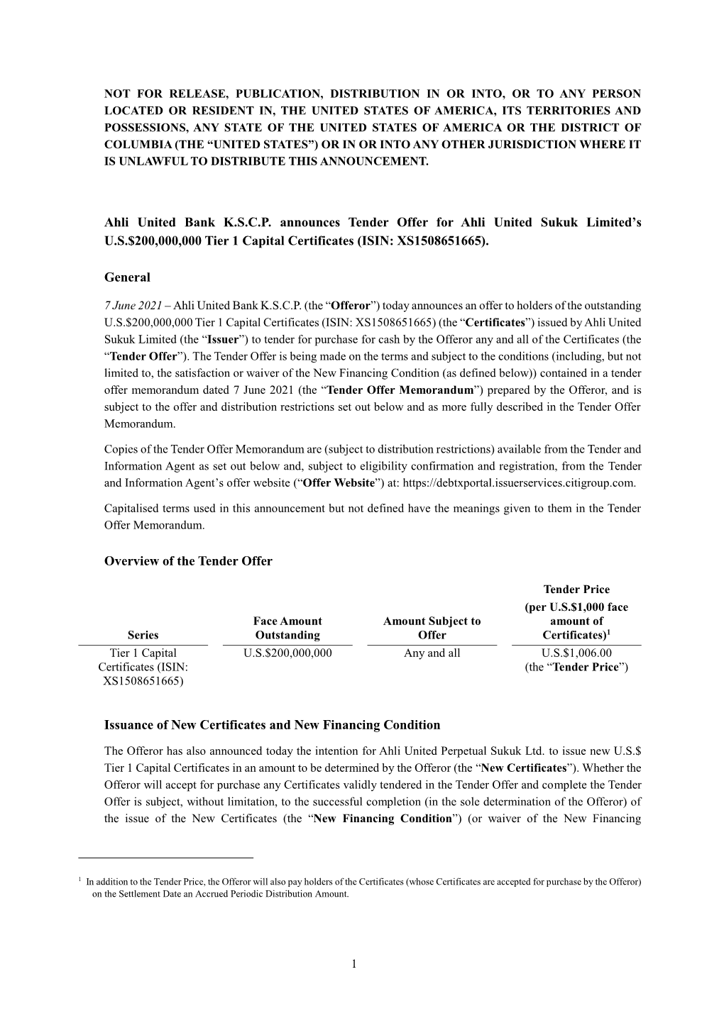 Ahli United Bank K.S.C.P. Announces Tender Offer for Ahli United Sukuk Limited’S U.S.$200,000,000 Tier 1 Capital Certificates (ISIN: XS1508651665)