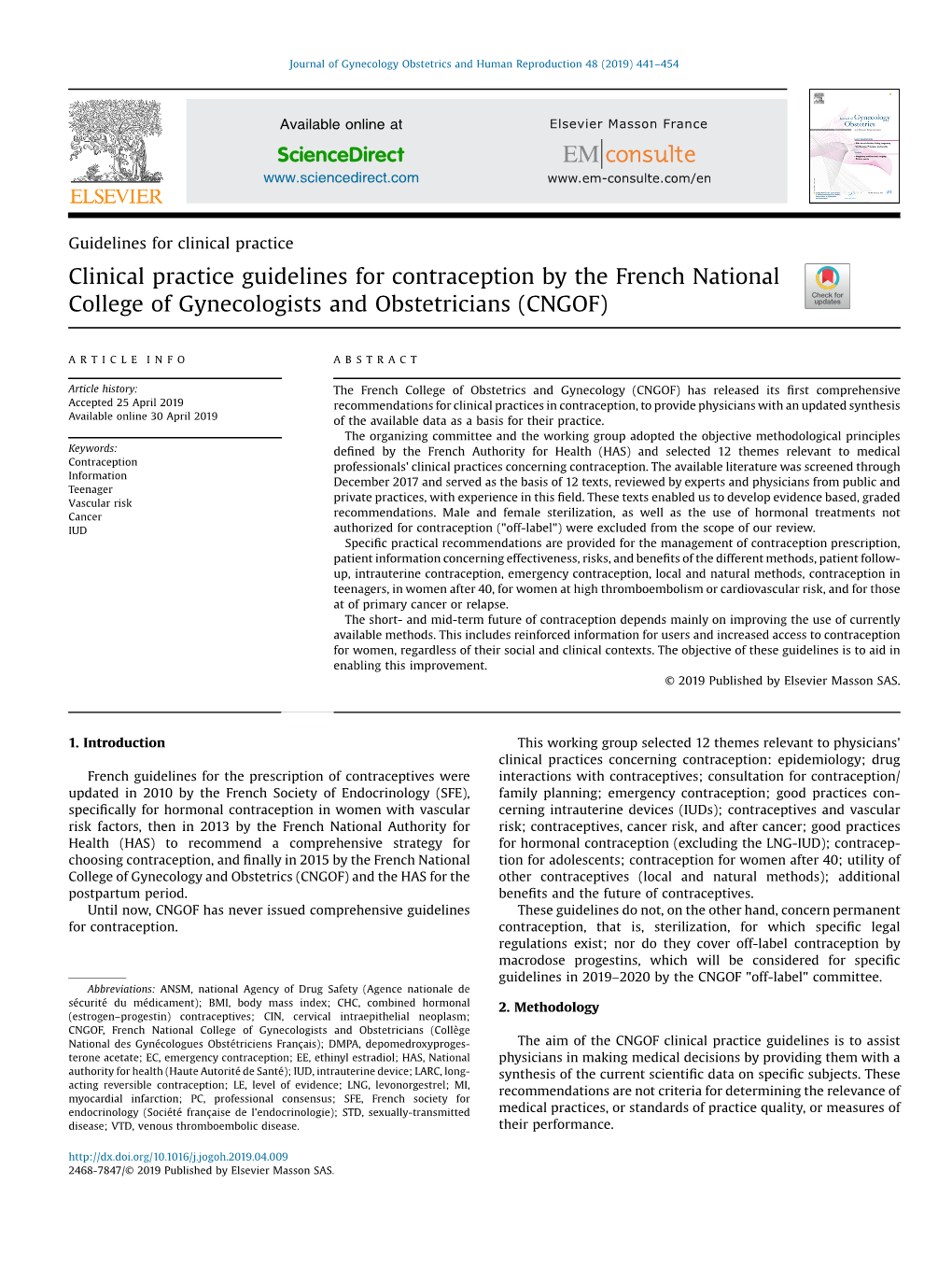 Clinical Practice Guidelines for Contraception by the French National College of Gynecologists and Obstetricians (CNGOF)