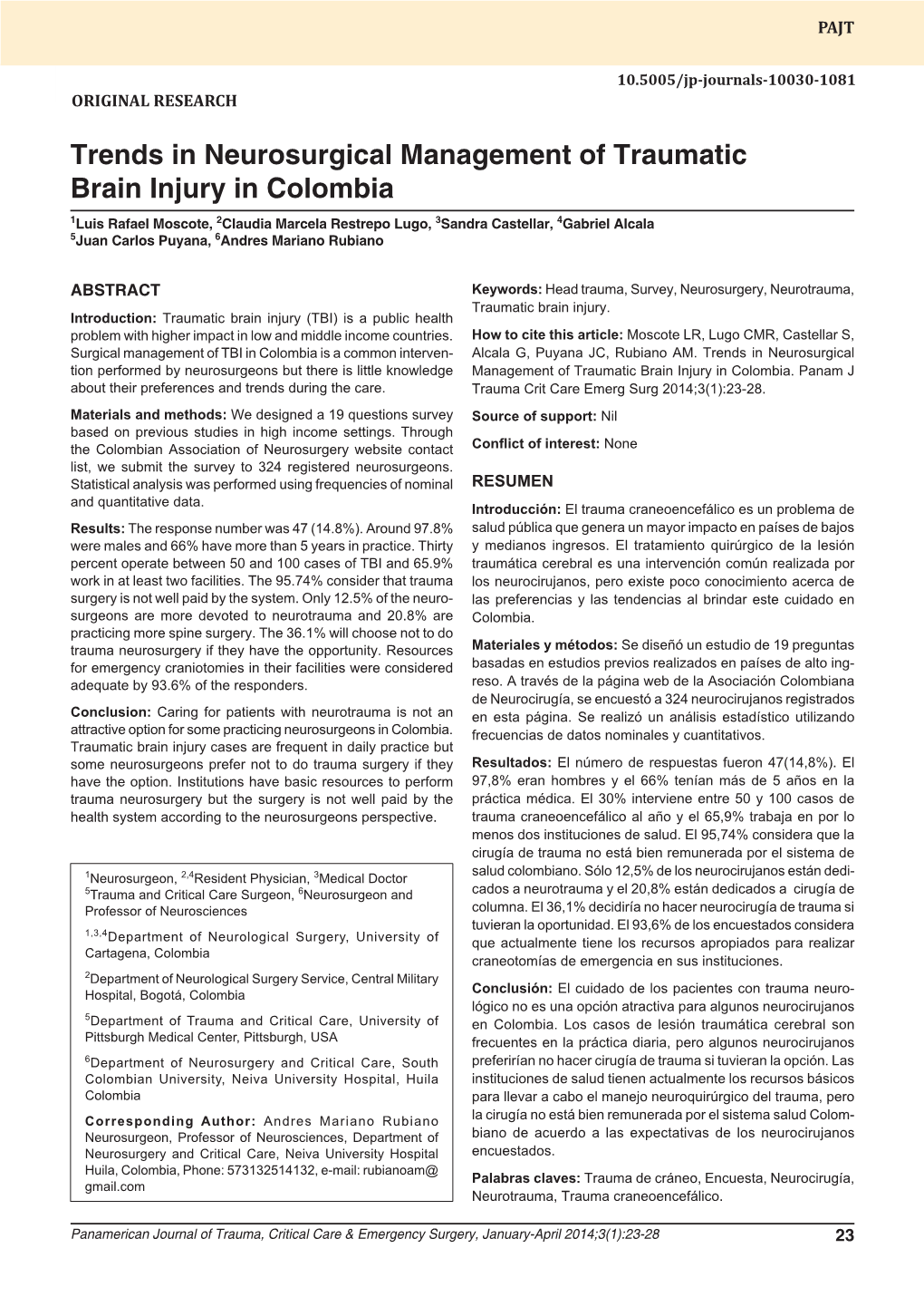 Trends in Neurosurgical Management of Traumatic Brain Injury in Colombia