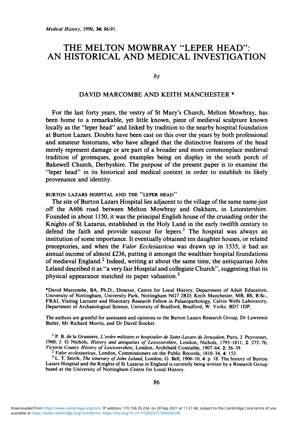 The Melton Mowbray "Leper Head": an Historical and Medical Investigation