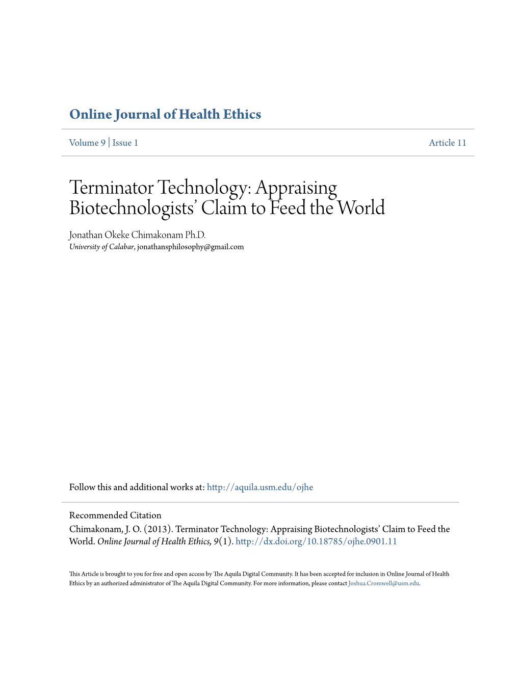 Terminator Technology: Appraising Biotechnologists’ Claim to Feed the World Jonathan Okeke Chimakonam Ph.D