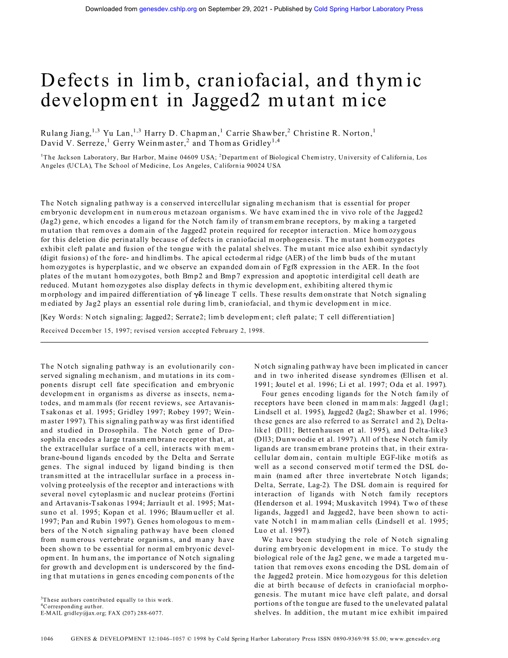 Defects in Limb, Craniofacial, and Thymic Development in Jagged2 Mutant Mice