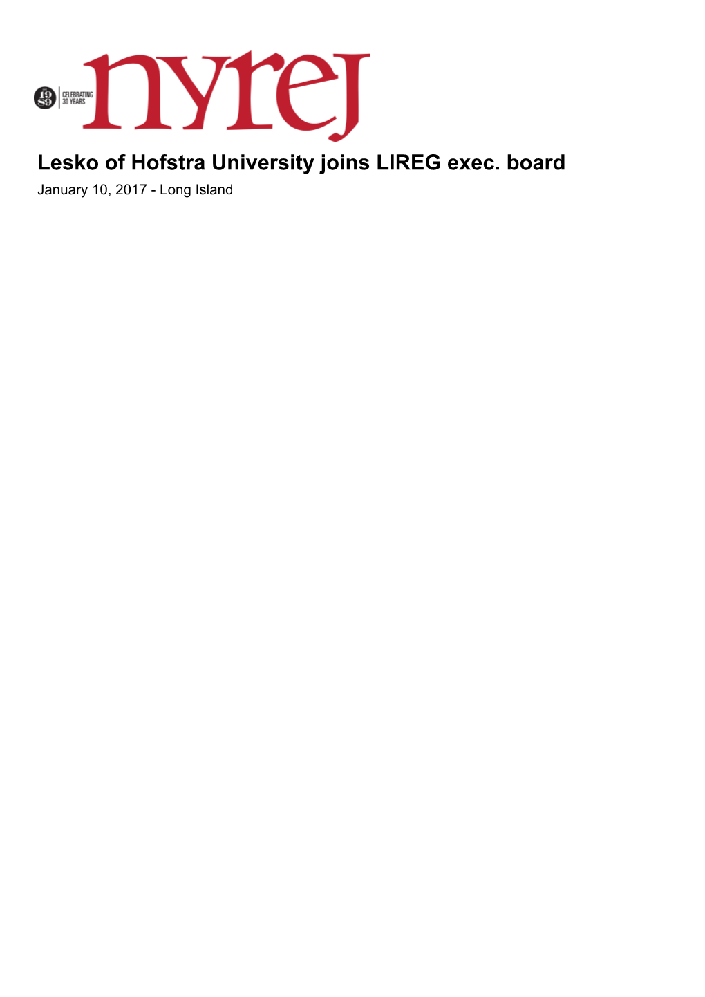 Lesko of Hofstra University Joins LIREG Exec. Board