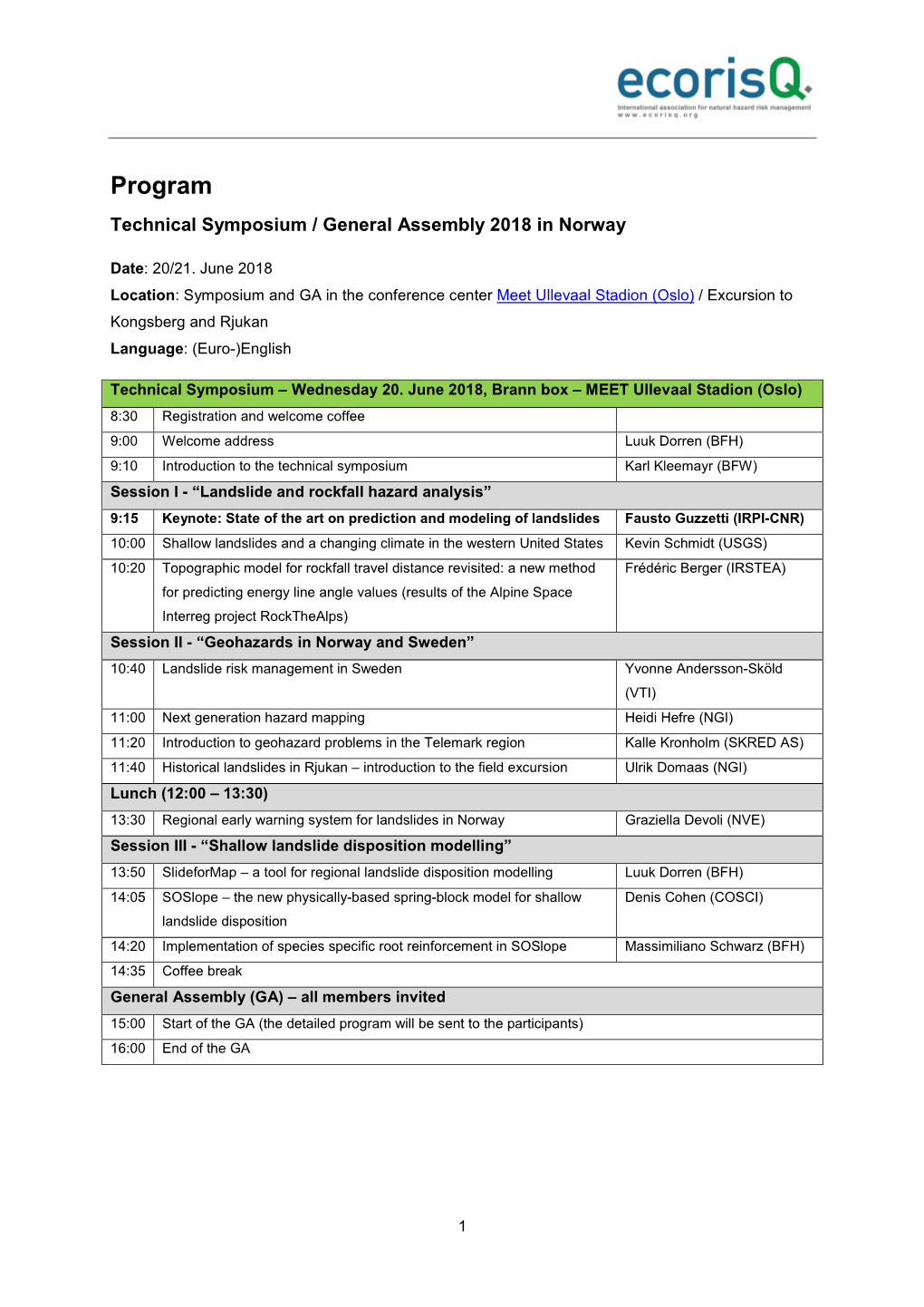 Program Technical Symposium / General Assembly 2018 in Norway