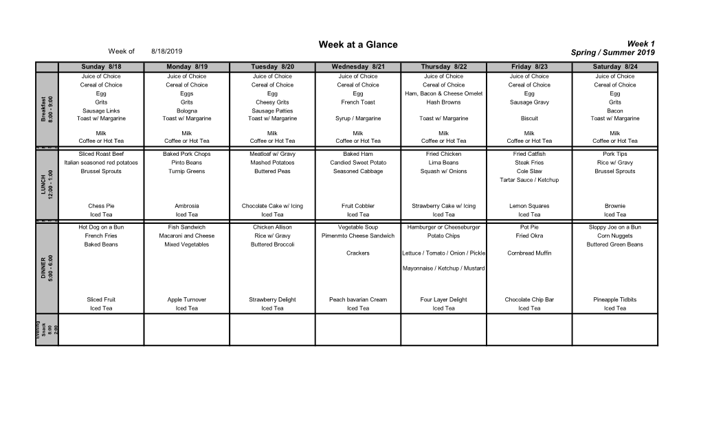 Week at a Glance Week 1 Week of 8/18/2019 Spring / Summer 2019