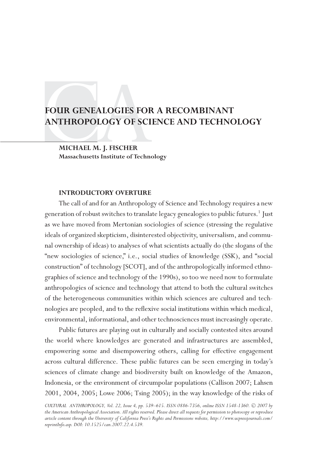 Four Genealogies for a Recombinant Anthropology of Science and Technology