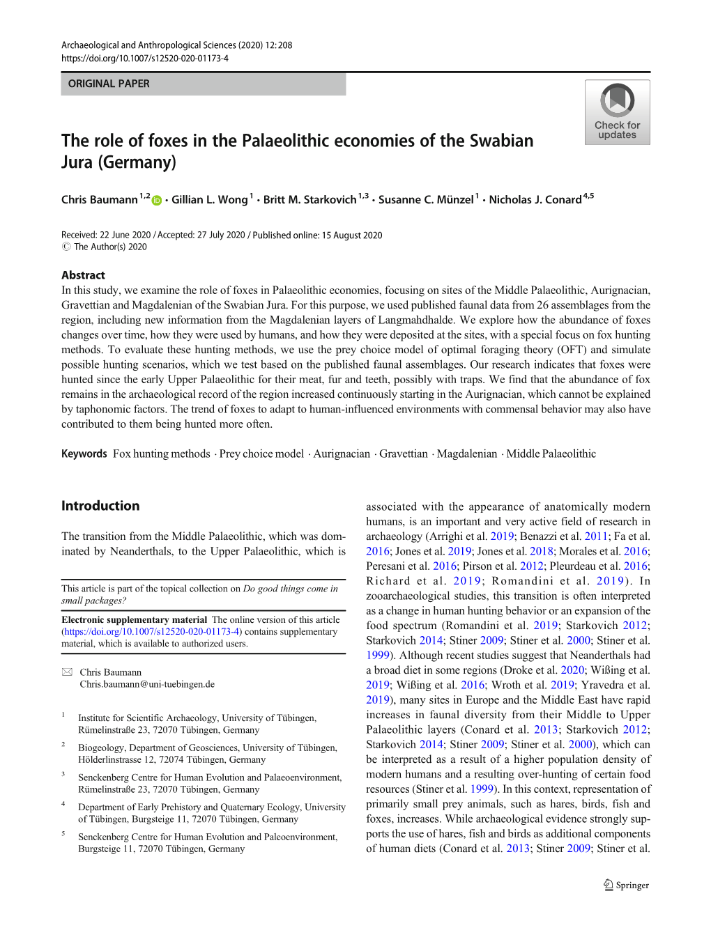 The Role of Foxes in the Palaeolithic Economies of the Swabian Jura (Germany)