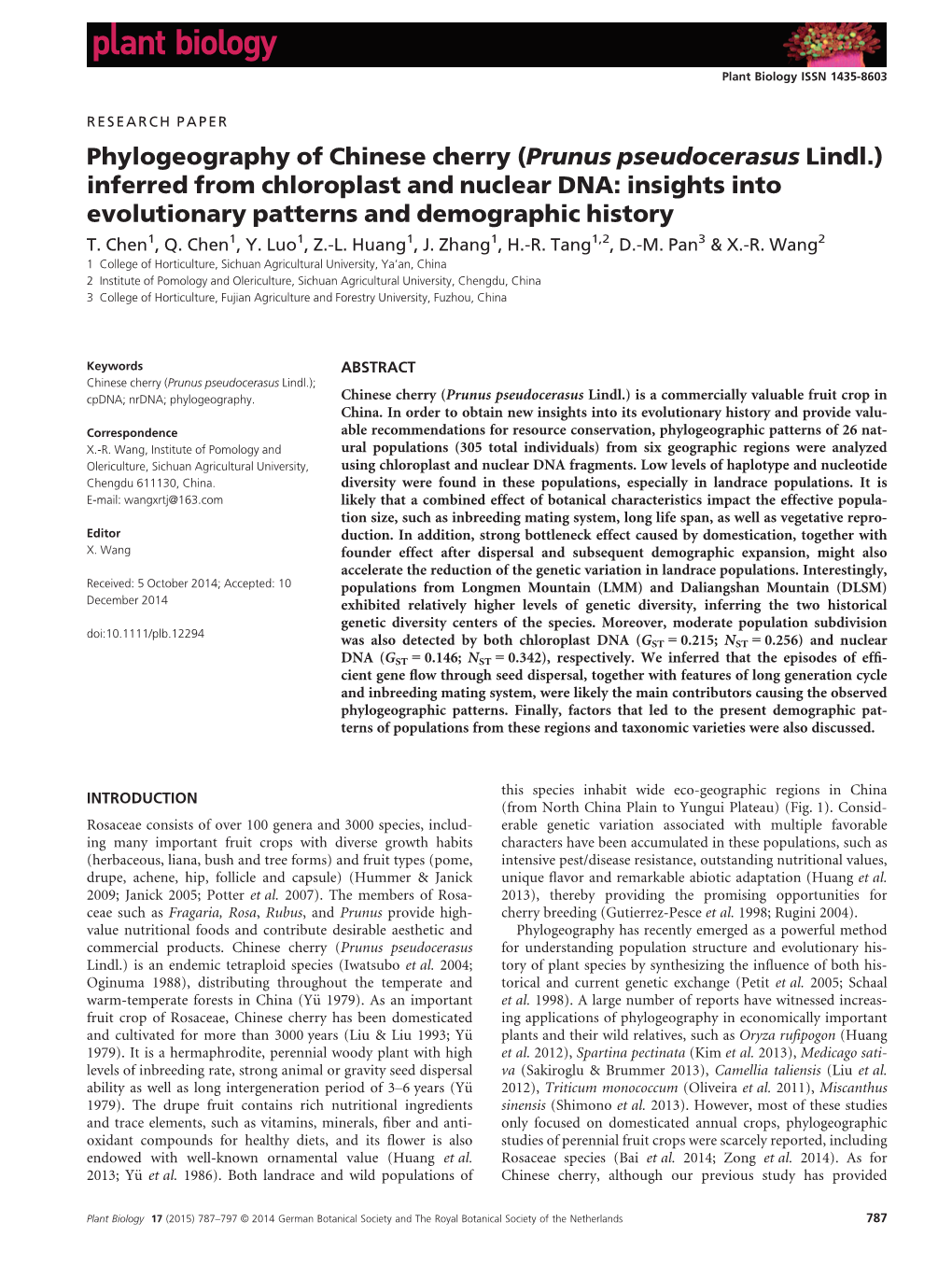 Phylogeography of Chinese Cherry (Prunus Pseudocerasus Lindl