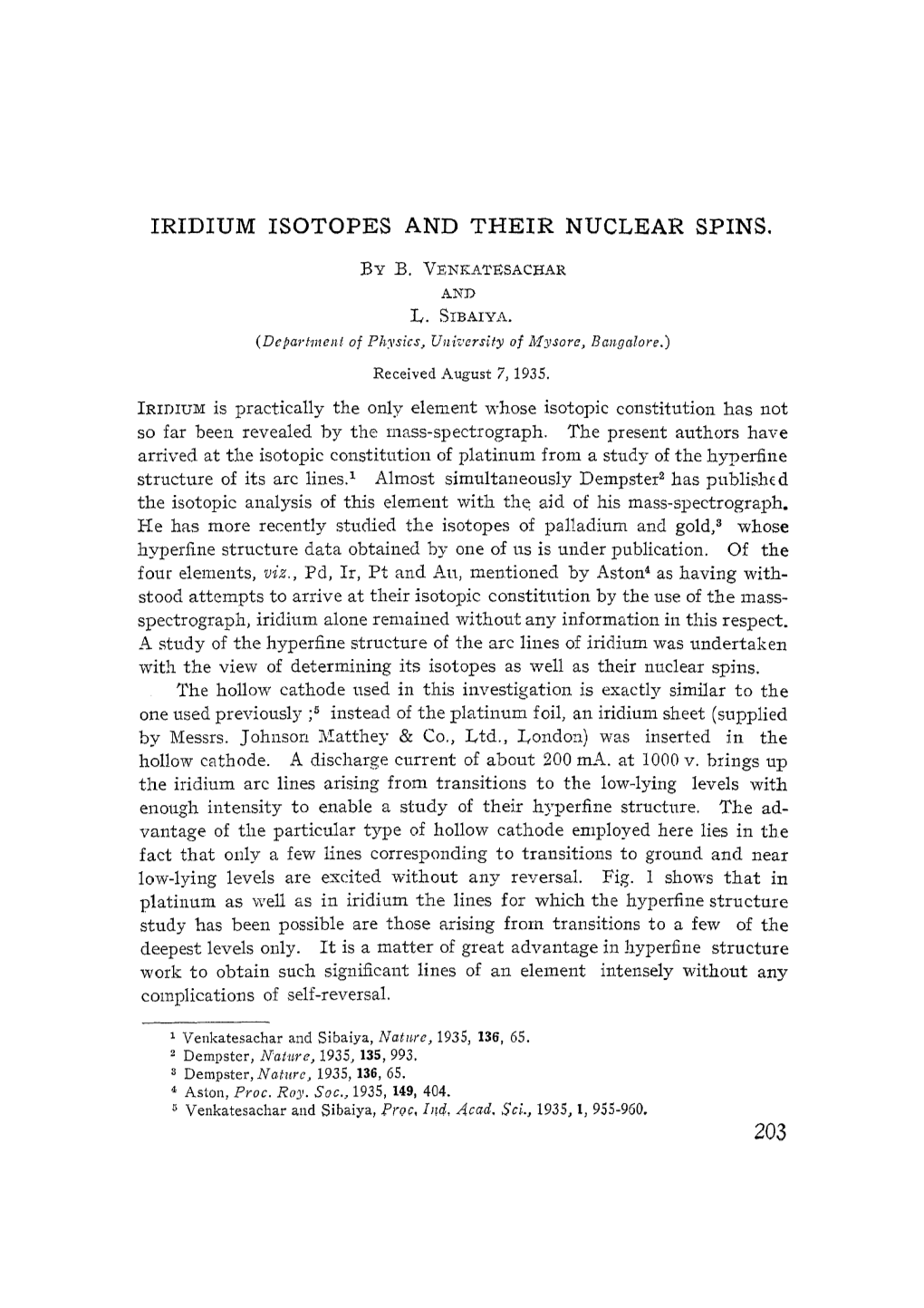 Iridium Isotopes and Their Nuclear Spins