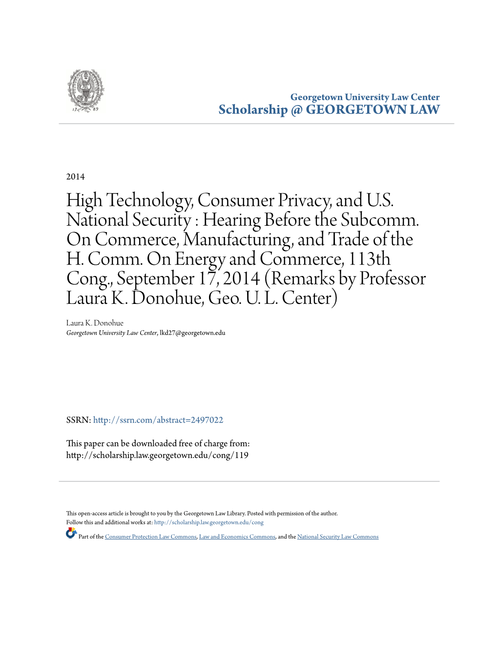 High Technology, Consumer Privacy, and U.S. National Security : Hearing Before the Subcomm