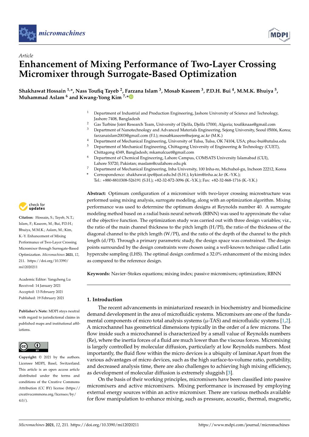 Enhancement of Mixing Performance of Two-Layer Crossing Micromixer Through Surrogate-Based Optimization