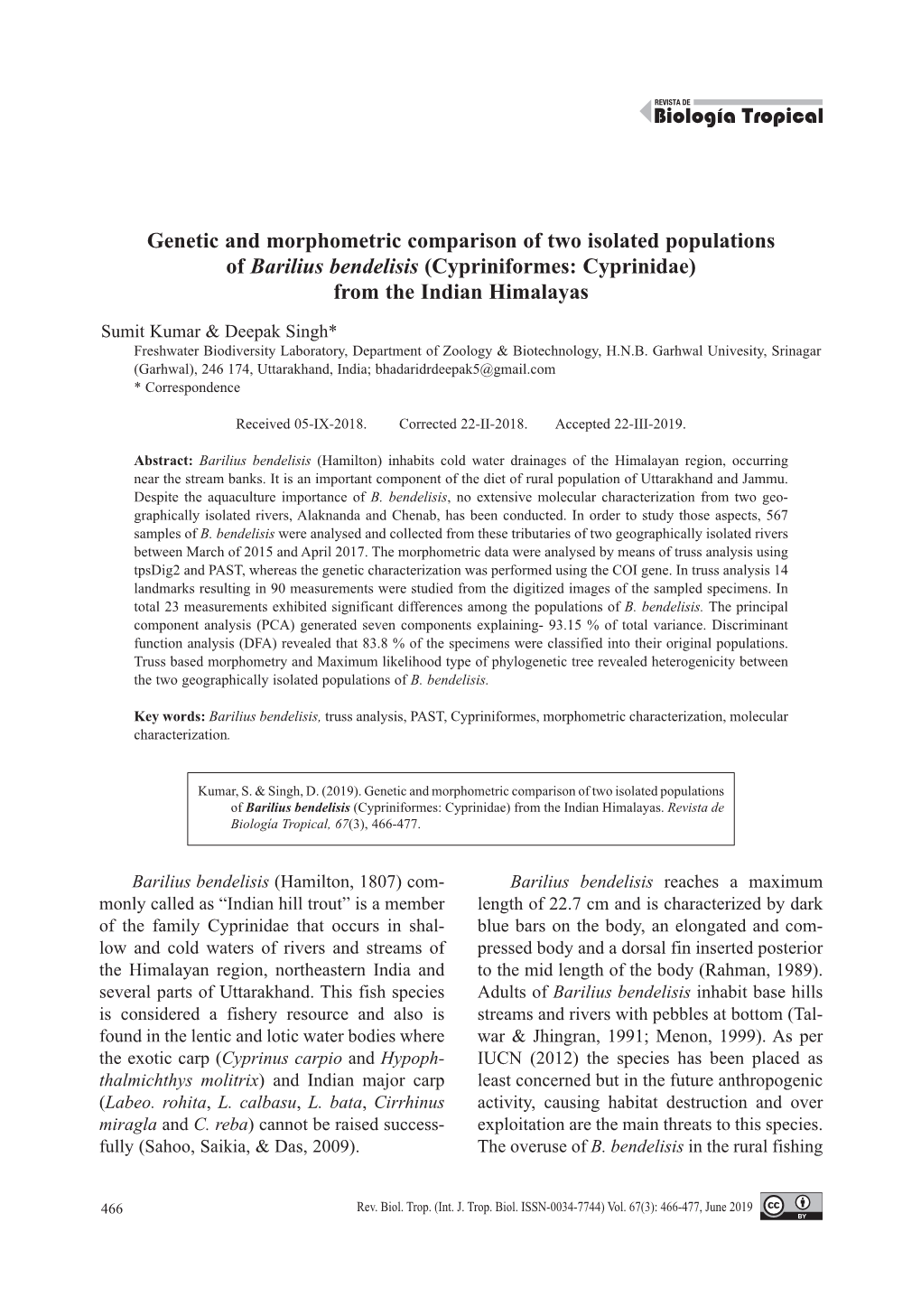 Genetic and Morphometric Comparison of Two Isolated Populations of Barilius Bendelisis (Cypriniformes: Cyprinidae) from the Indian Himalayas