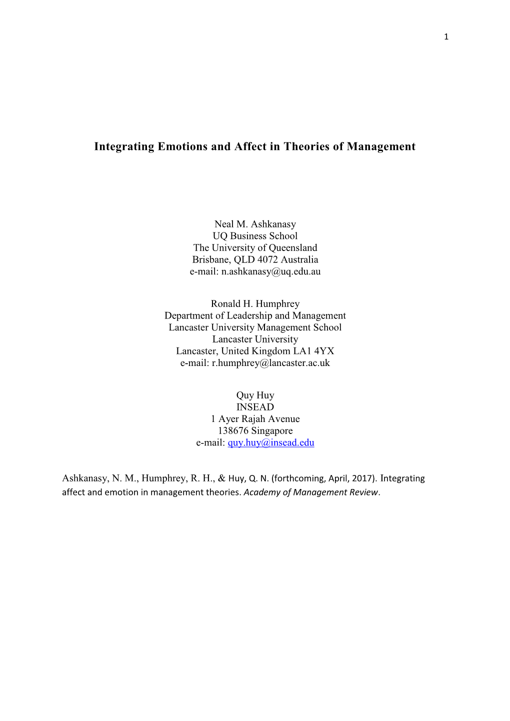 Integrating Emotions and Affect in Theories of Management