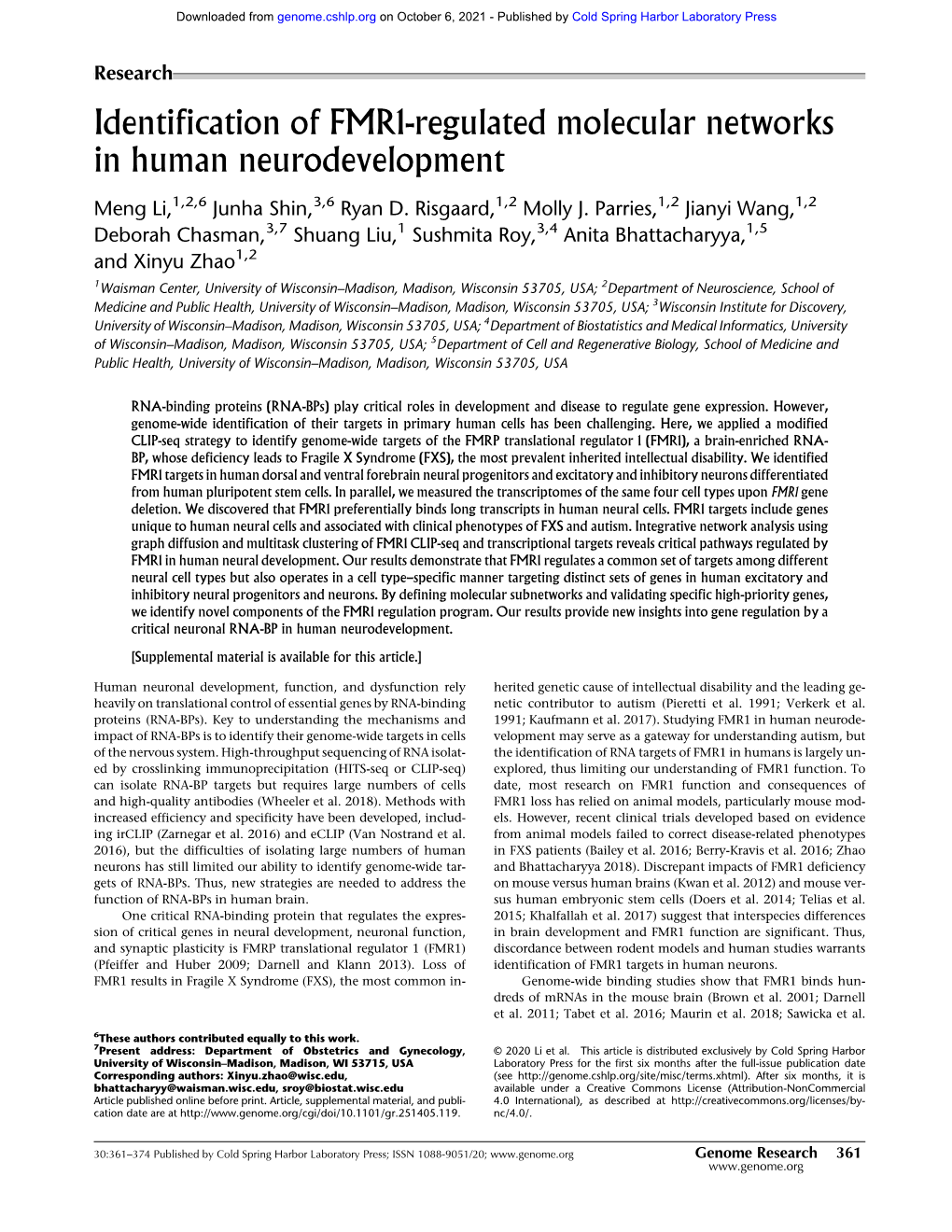Identification of FMR1-Regulated Molecular Networks in Human Neurodevelopment