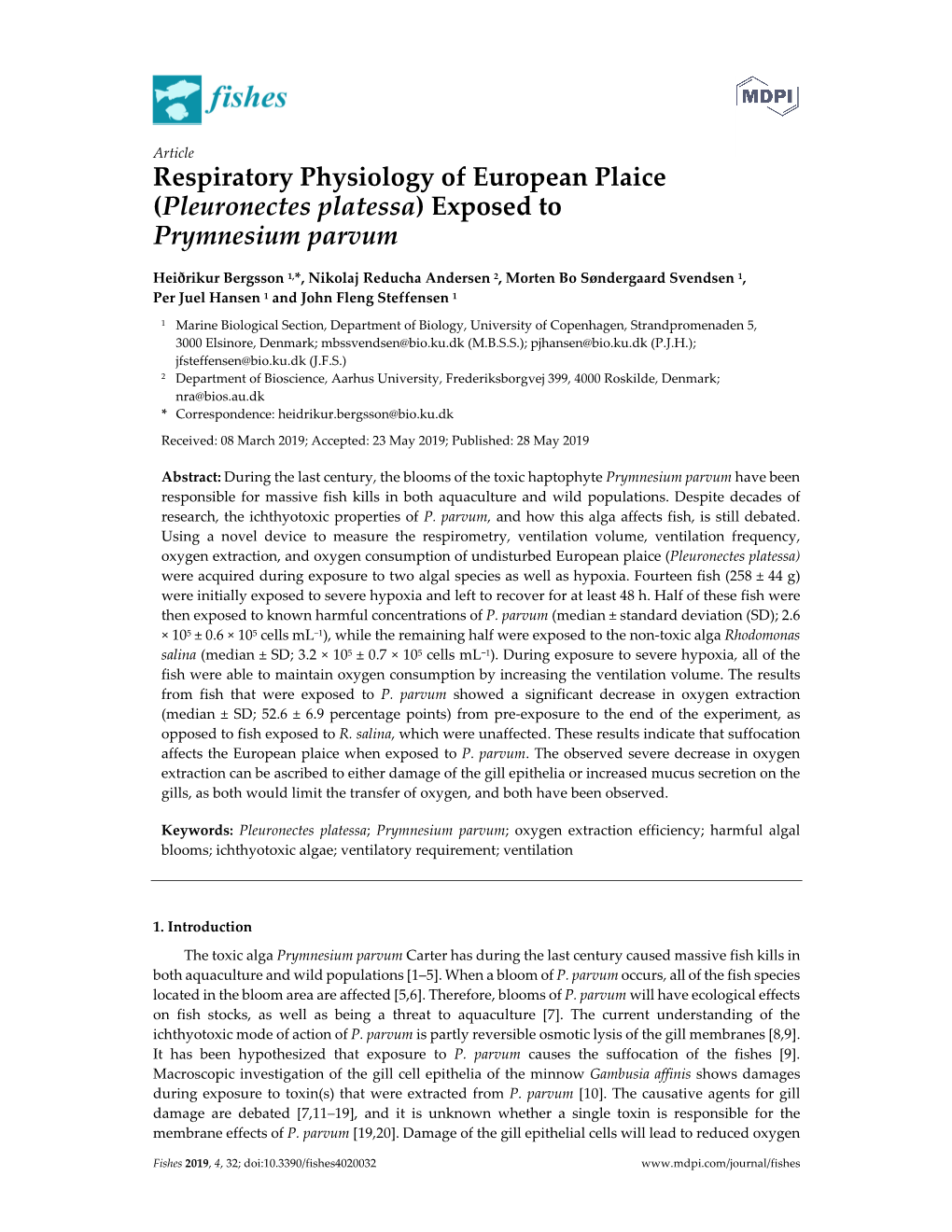 Respiratory Physiology of European Plaice (Pleuronectes Platessa) Exposed to Prymnesium Parvum