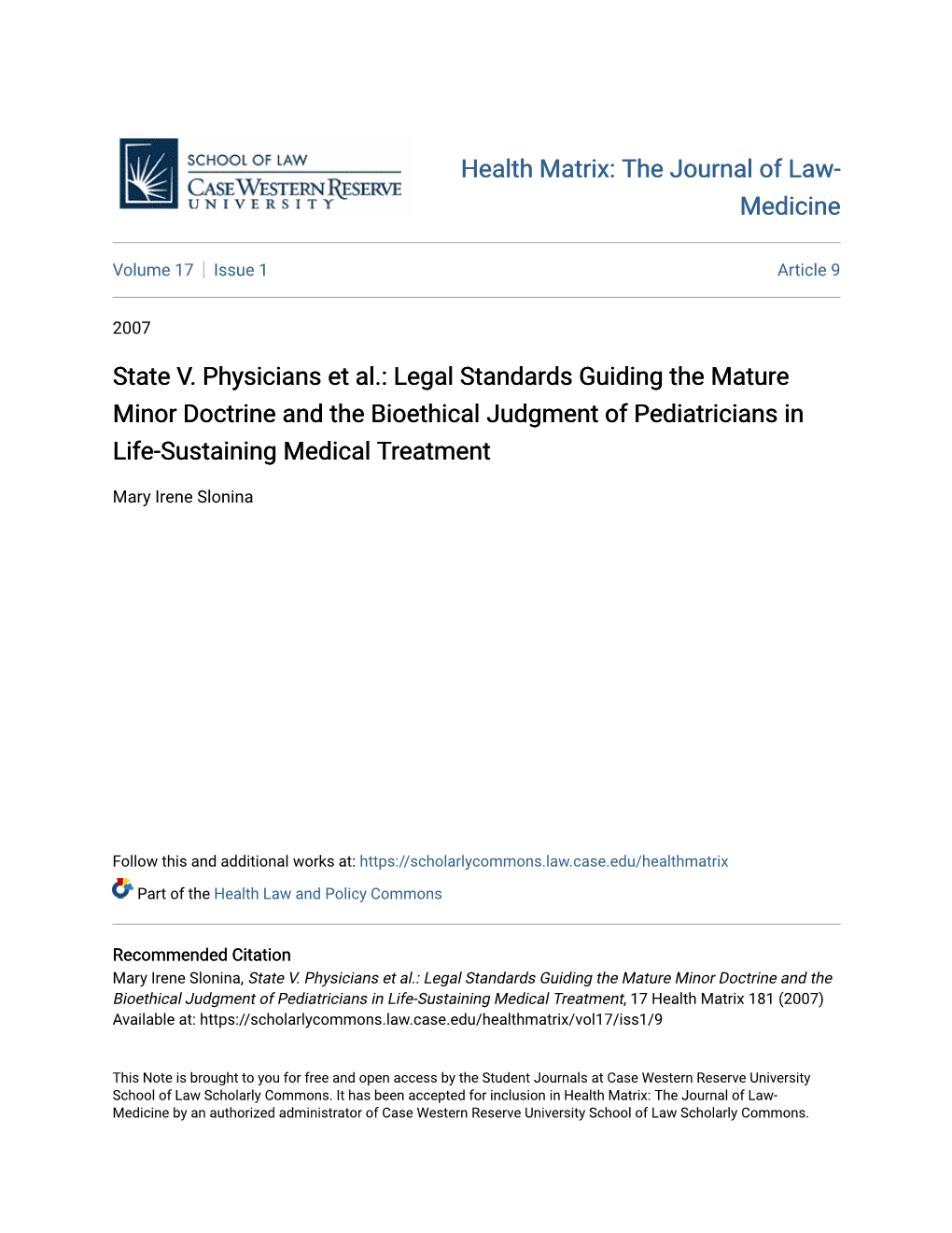 State V. Physicians Et Al.: Legal Standards Guiding the Mature Minor Doctrine and the Bioethical Judgment of Pediatricians in Life-Sustaining Medical Treatment