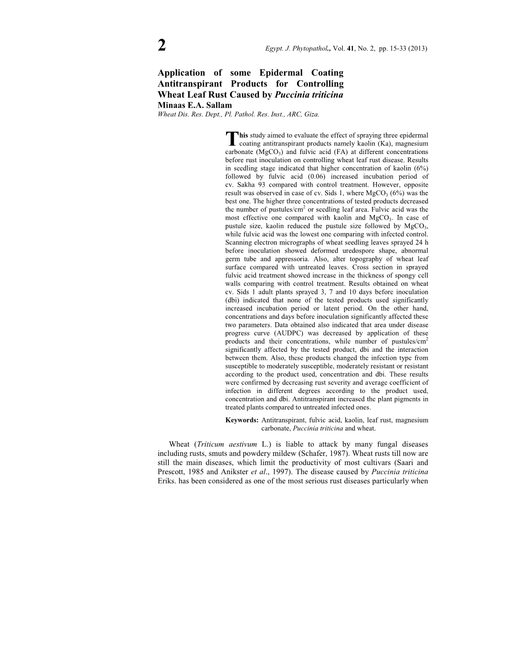 Application of Some Epidermal Coating Antitranspirant Products for Controlling Wheat Leaf Rust Caused by Puccinia Triticina Minaas E.A