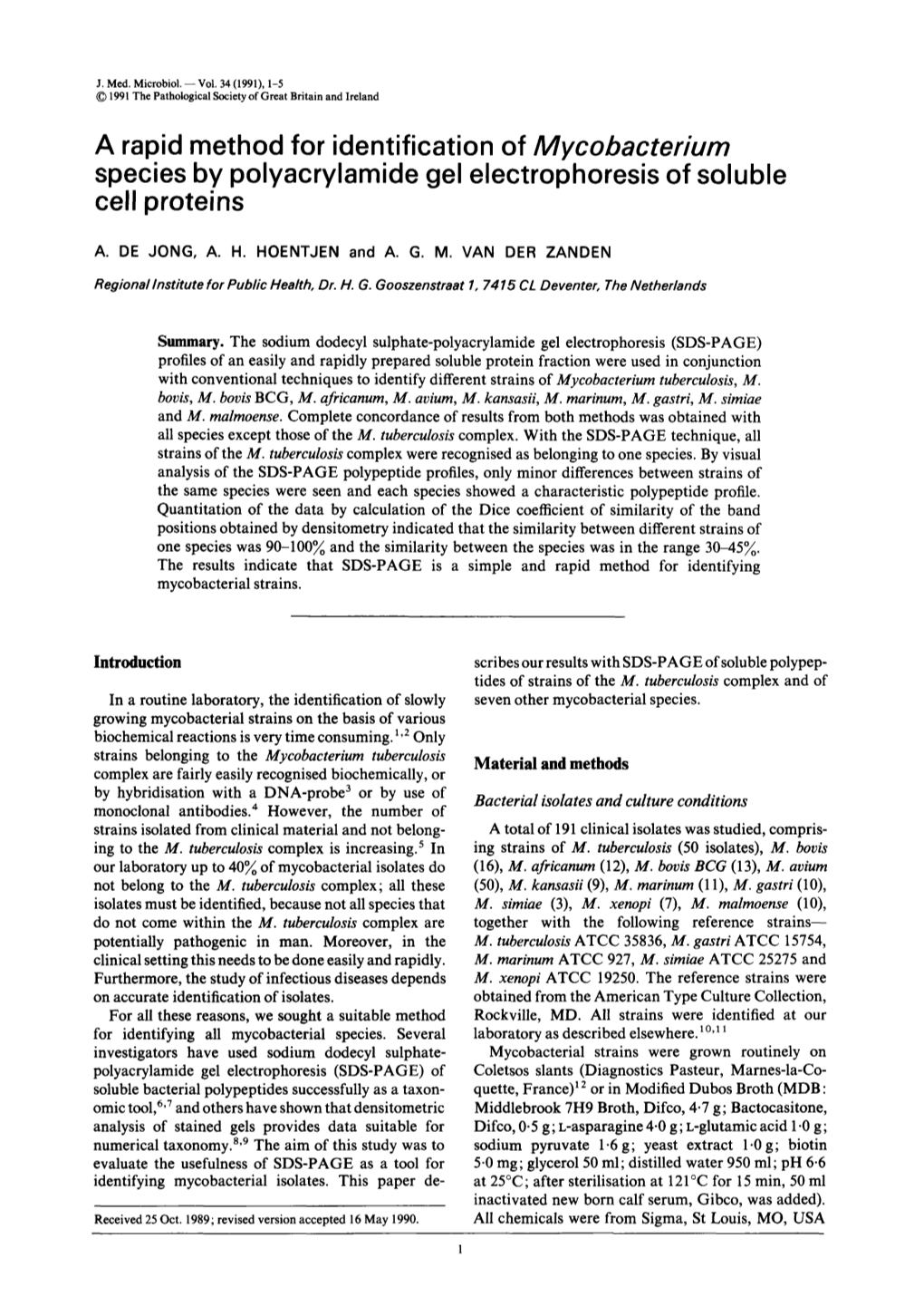 A Rapid Method for Identification of Mycobacterium Species by Polyacrylamide Gel Electrophoresis of Soluble Cell Proteins